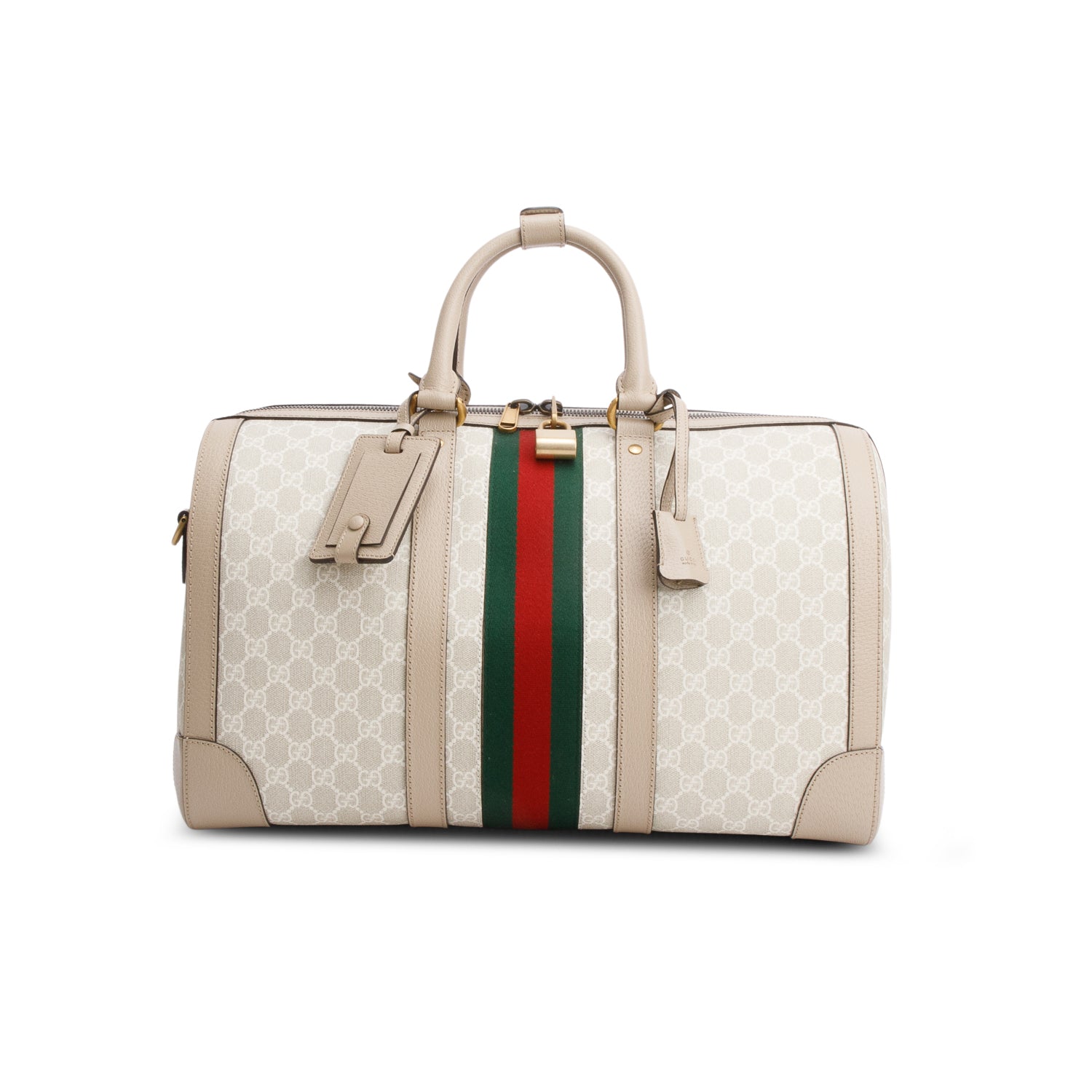 Gucci Beige GG Supreme Monogram Textured Dollar Calfskin Medium Savoy Duffle Bag w/ Strap