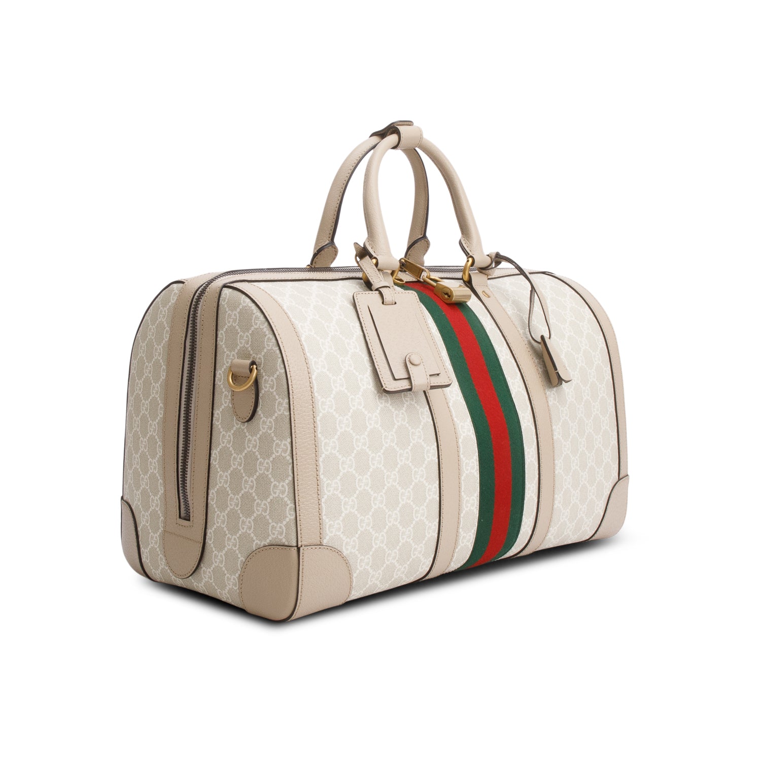Gucci Beige GG Supreme Monogram Textured Dollar Calfskin Medium Savoy Duffle Bag w/ Strap