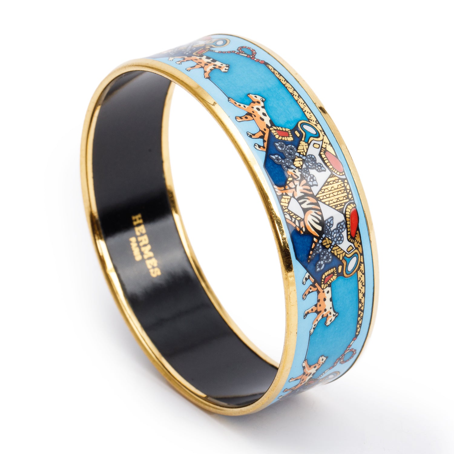 Hermes Gold-Plated Blue Multicolor Tiger & Leopard Enamel Wide Bangle