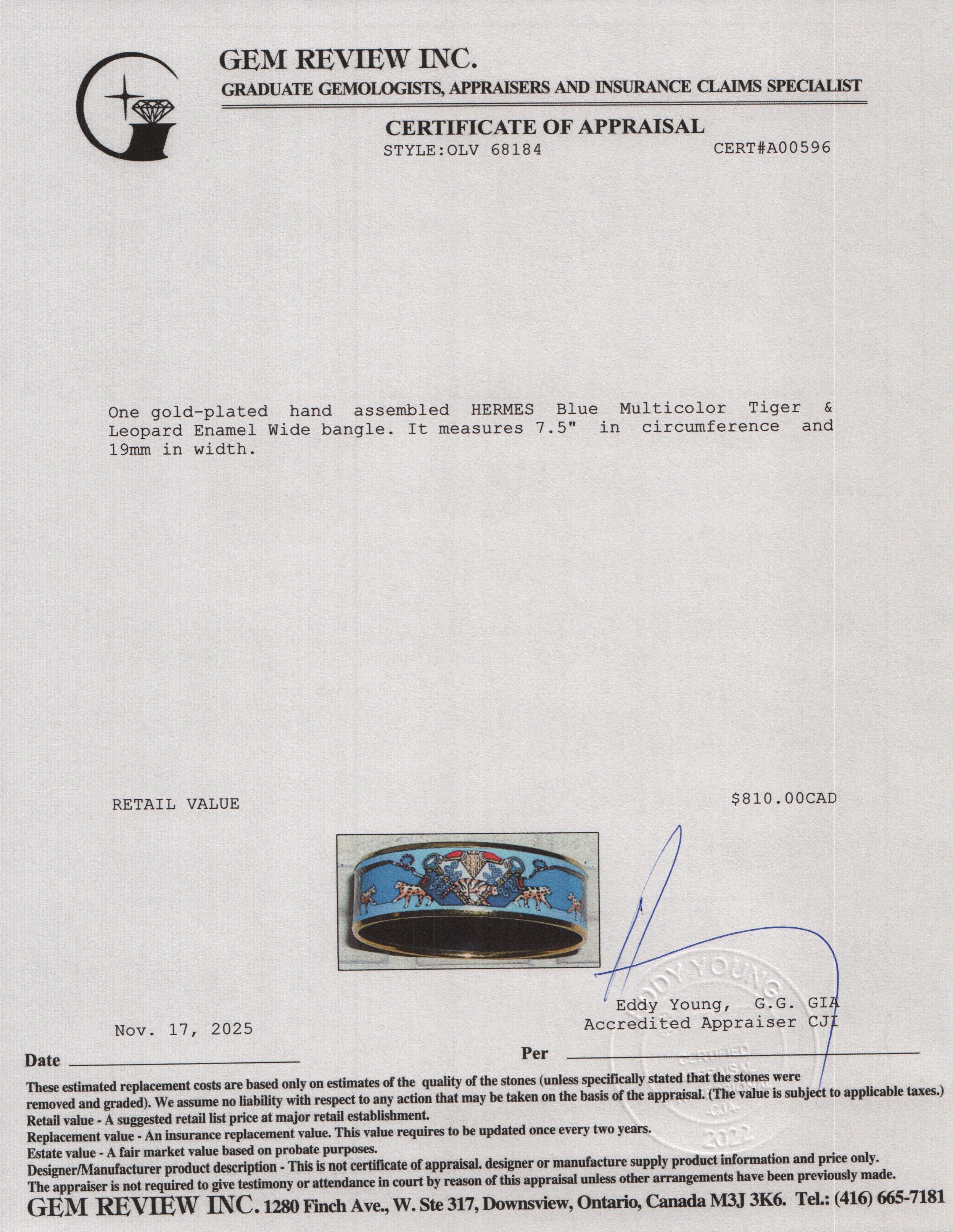 Hermes Gold-Plated Blue Multicolor Tiger & Leopard Enamel Wide Bangle