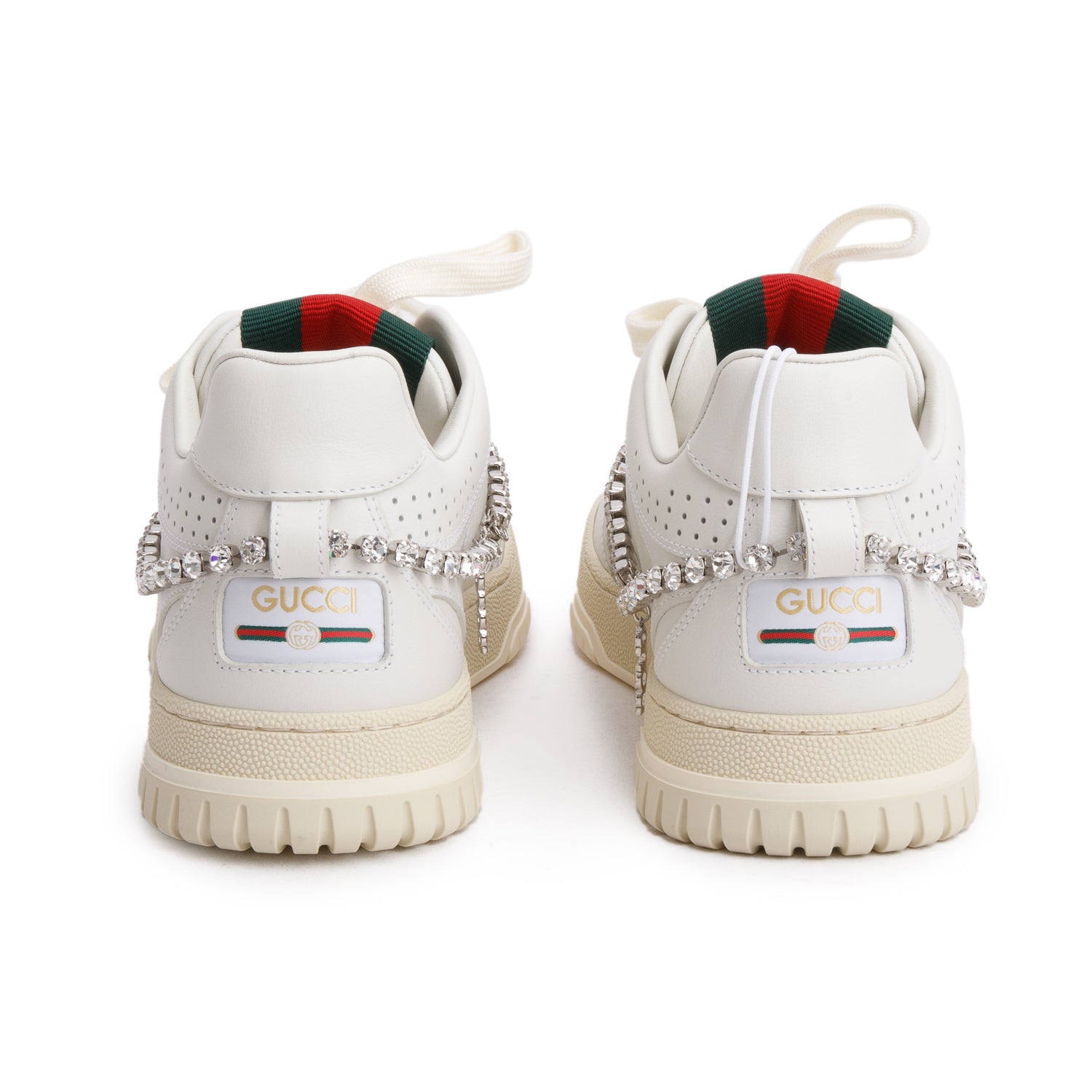 Gucci White Leather Re-Web Crystal Chain Sneakers, Size 37.5 w/ Box