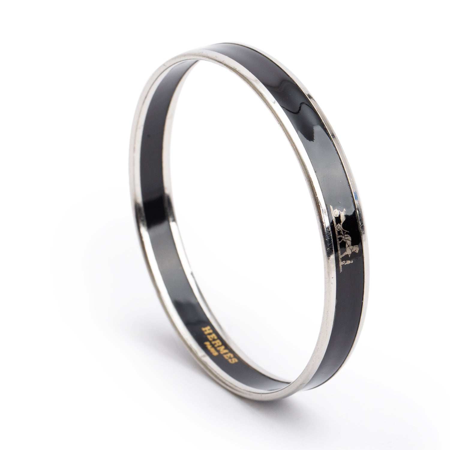 Hermes Palladium-Plated Black Caleche Enamel Narrow Bangle