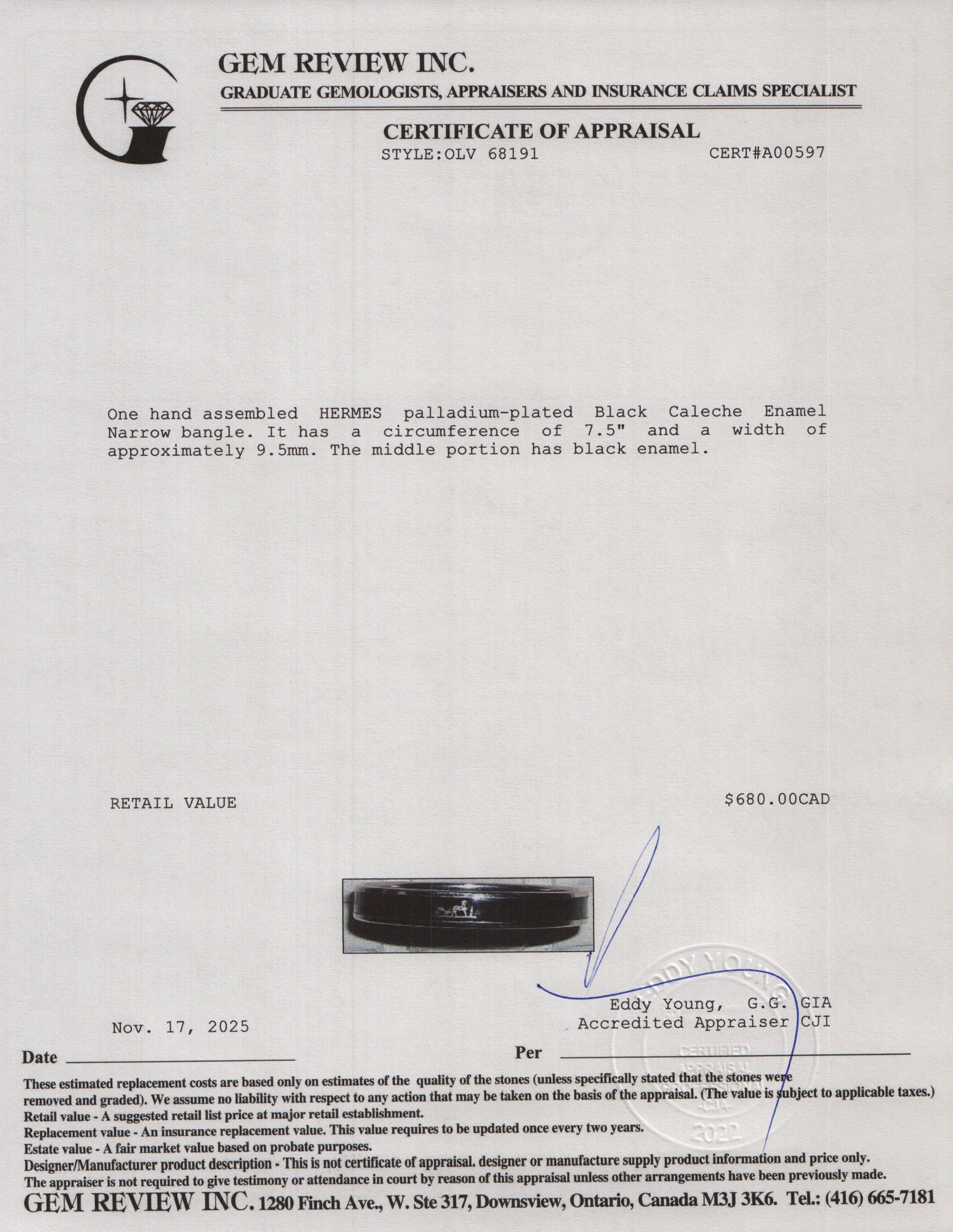 Hermes Palladium-Plated Black Caleche Enamel Narrow Bangle