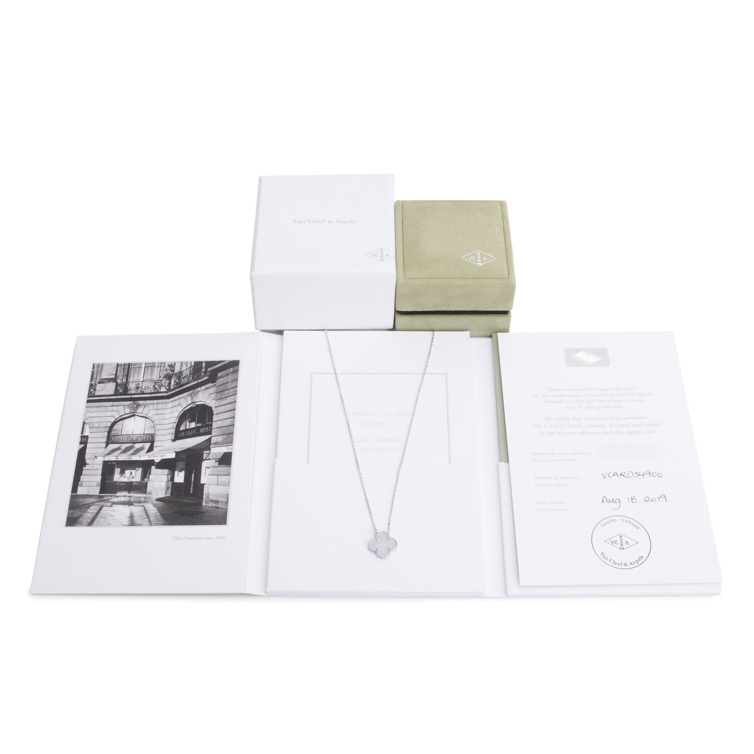 Van Cleef & Arpels  18k White Gold Chalcedony Vintage Alhambra Pendant Necklace w/ Box, Receipt & Certificate