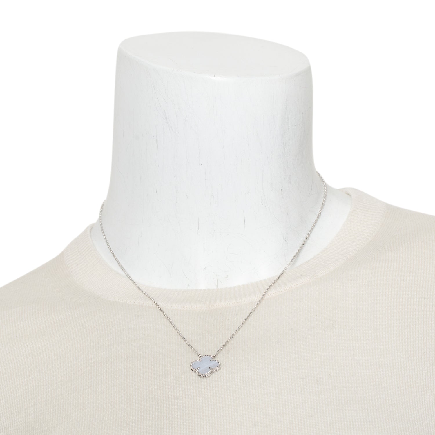Van Cleef & Arpels  18k White Gold Chalcedony Vintage Alhambra Pendant Necklace w/ Box, Receipt & Certificate