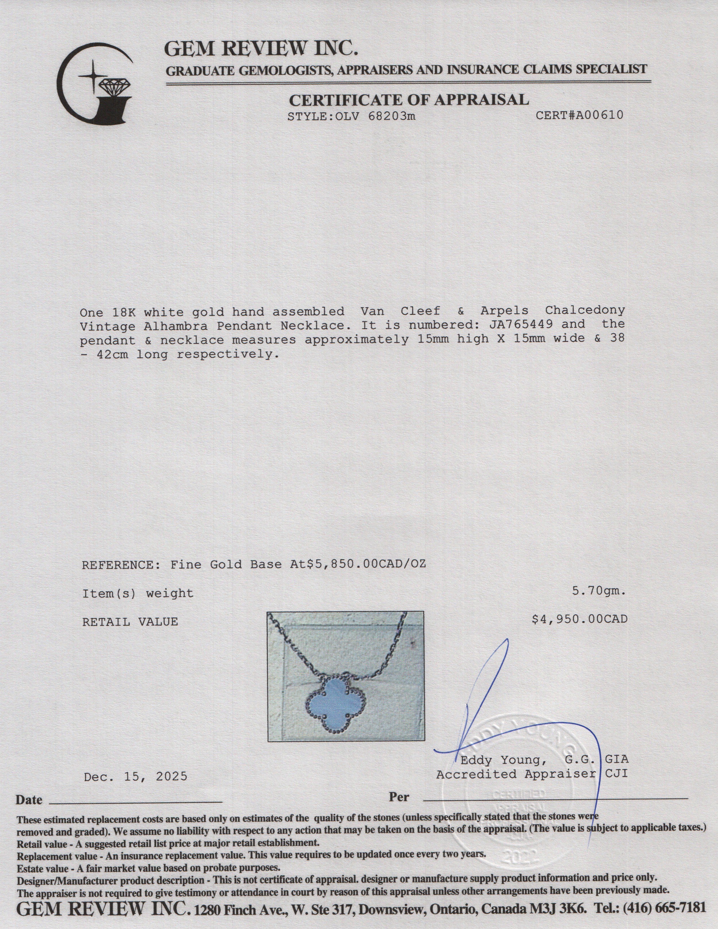 Van Cleef & Arpels  18k White Gold Chalcedony Vintage Alhambra Pendant Necklace w/ Box, Receipt & Certificate