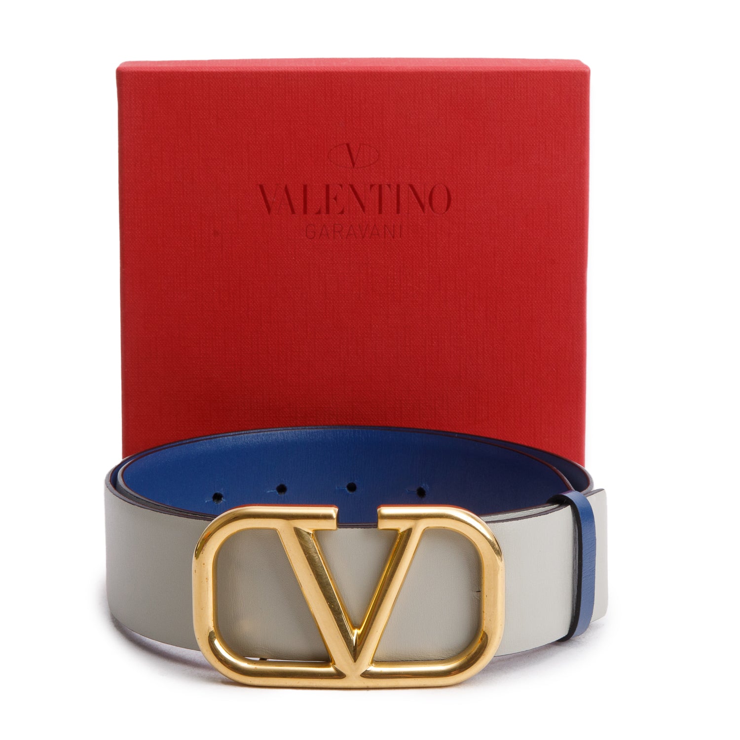 Valentino Blue Grey Glossy Calfskin VLogo Reversible Belt 70 28 w/ Box