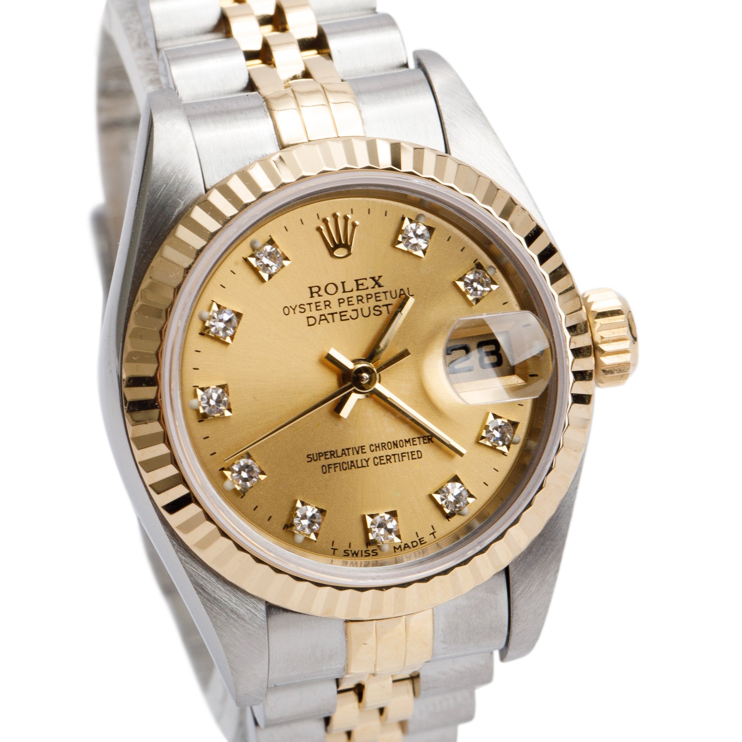 Rolex Stainless Steel & 18k Yellow Gold Datejust 26 MM Watch Champagne Diamond Dial 69173