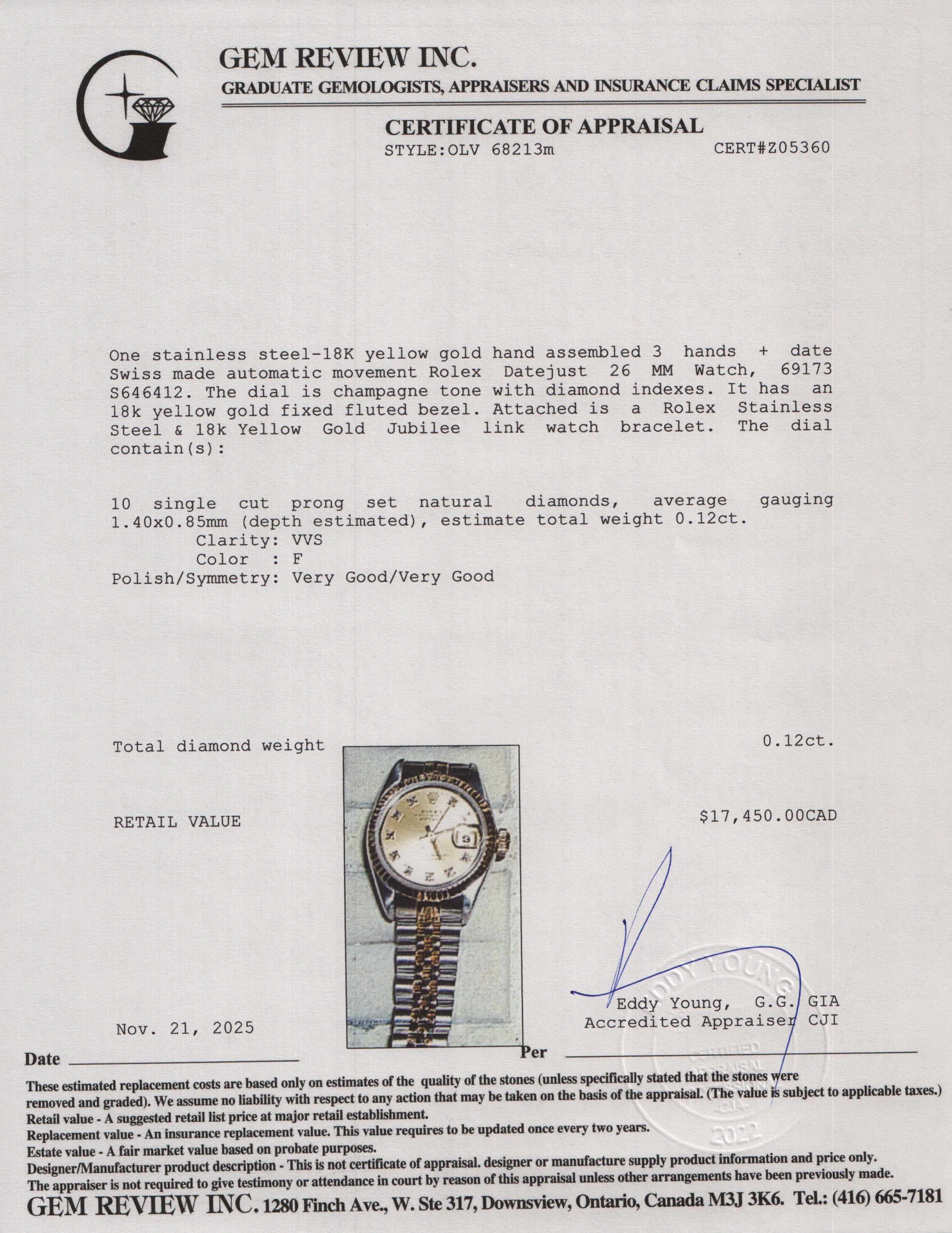 Rolex Stainless Steel & 18k Yellow Gold Datejust 26 MM Watch Champagne Diamond Dial 69173