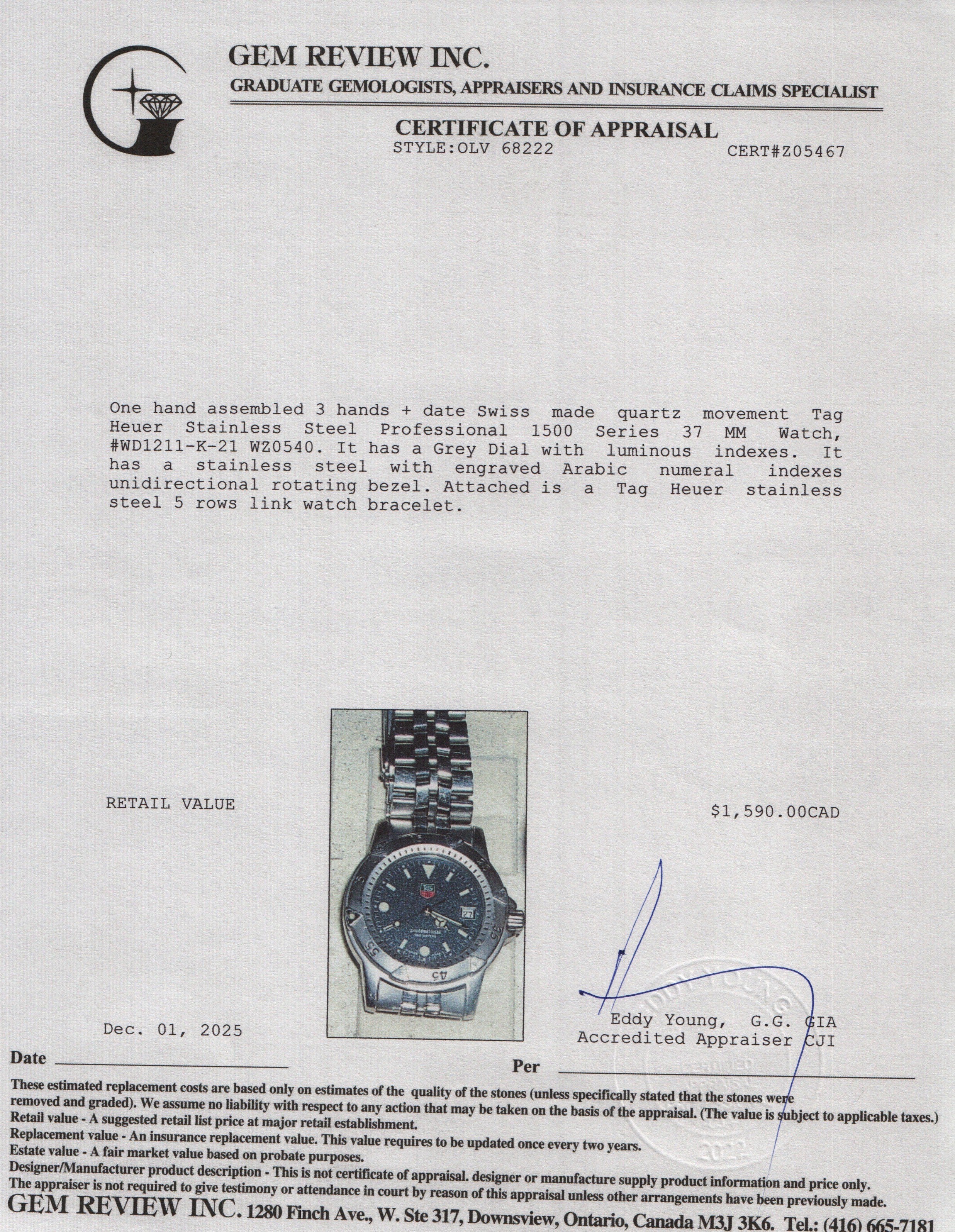 Tag Heuer Stainless Steel Professional 1500 Series 37 MM Watch Grey Dial WD1211-K-21