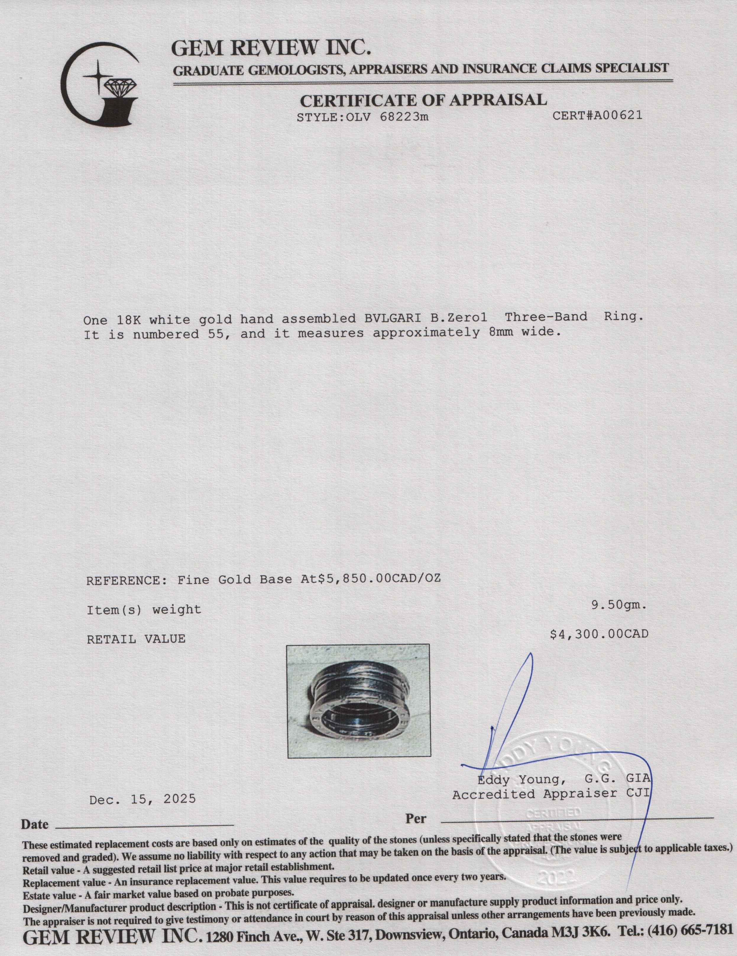 BVLGARI 18k White Gold B.Zero1 Three-Band Ring, Size 55 7