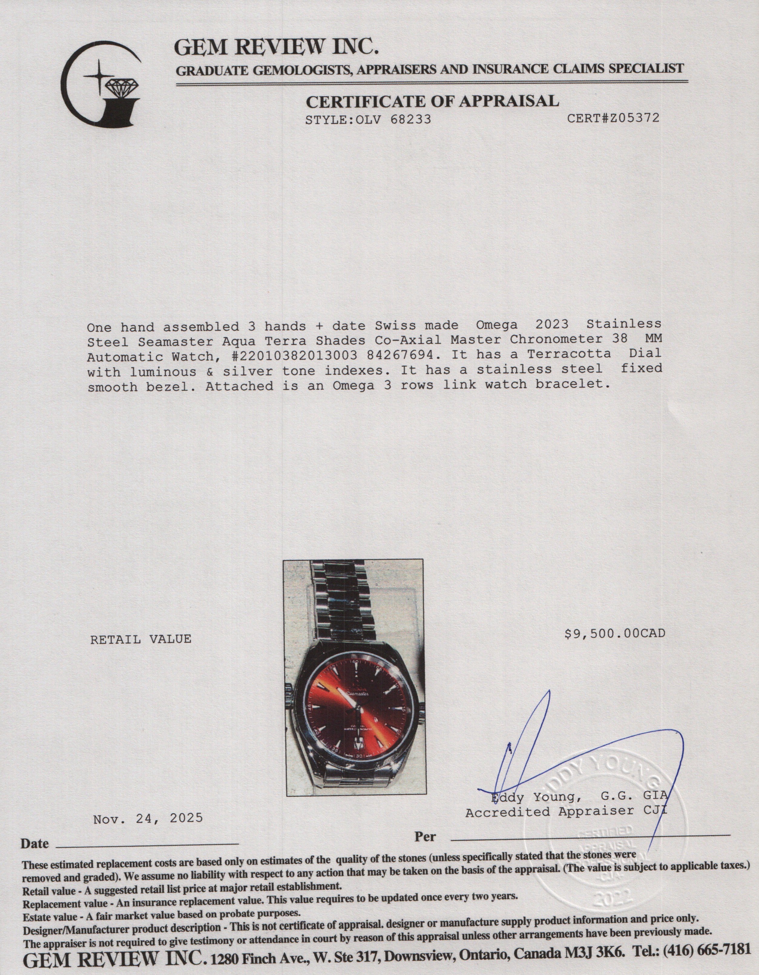 Omega 2023 Stainless Steel Seamaster Aqua Terra Shades Co-Axial Master Chronometer 38 MM Automatic Watch Terracotta Dial w/ Papers