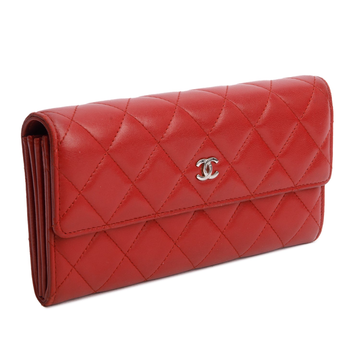 Chanel Red Lambskin Quilted Large Flap Wallet w/ Box