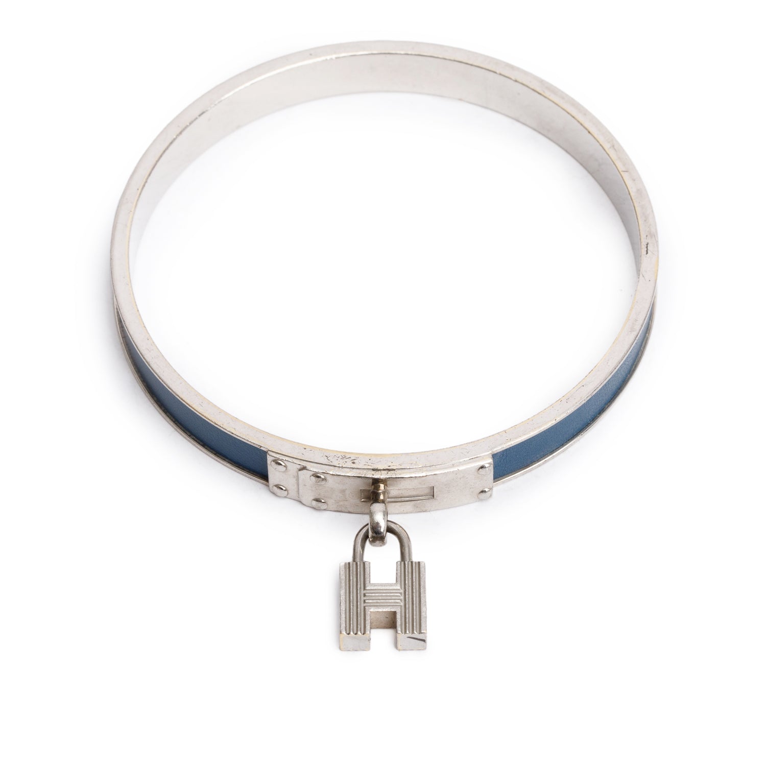Hermes Palladium-Plated Blue Leather Kelly Cadena Lock Bangle Bracelet
