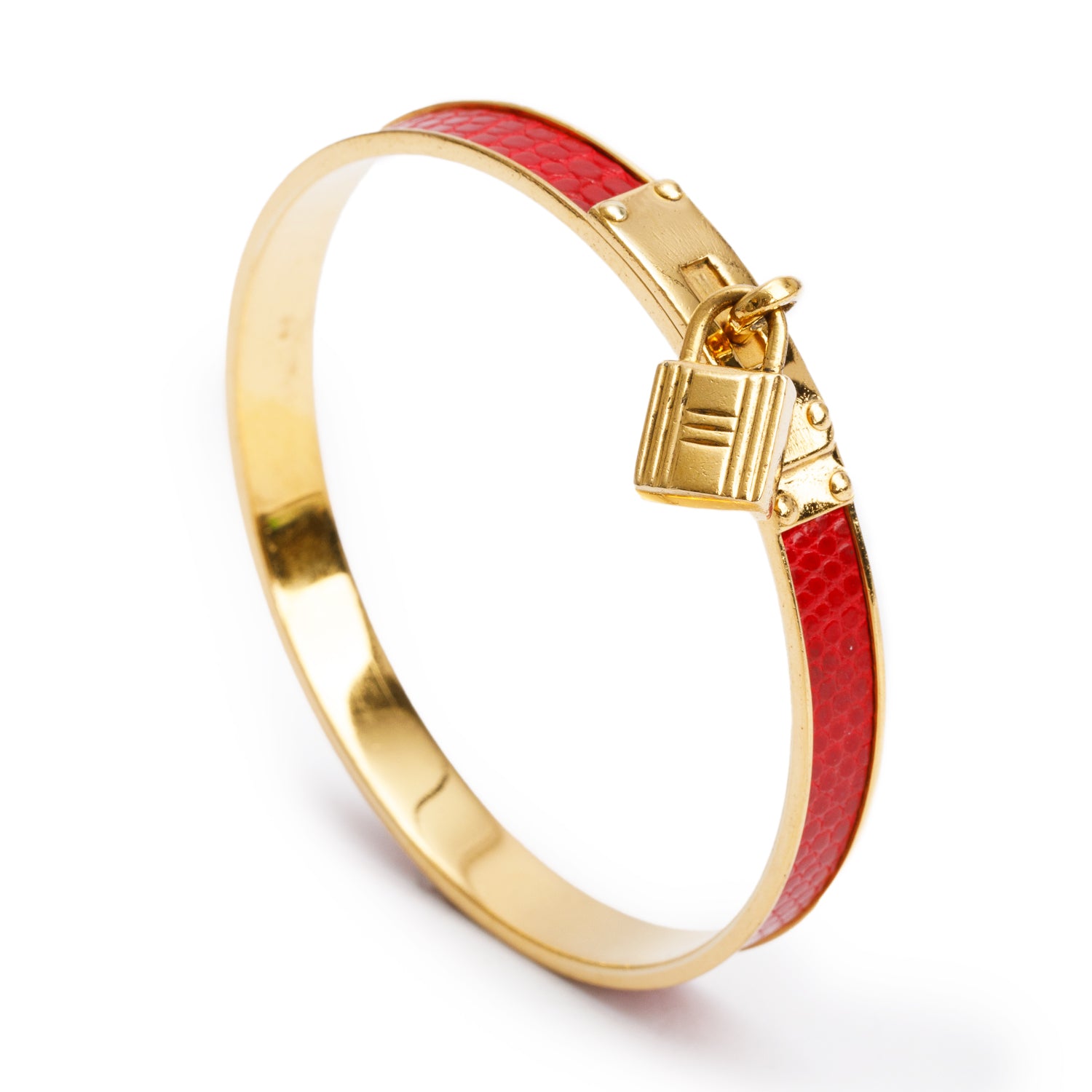 Hermes Gold-Plated Red Lizard Kelly Cadena Lock Bangle Bracelet