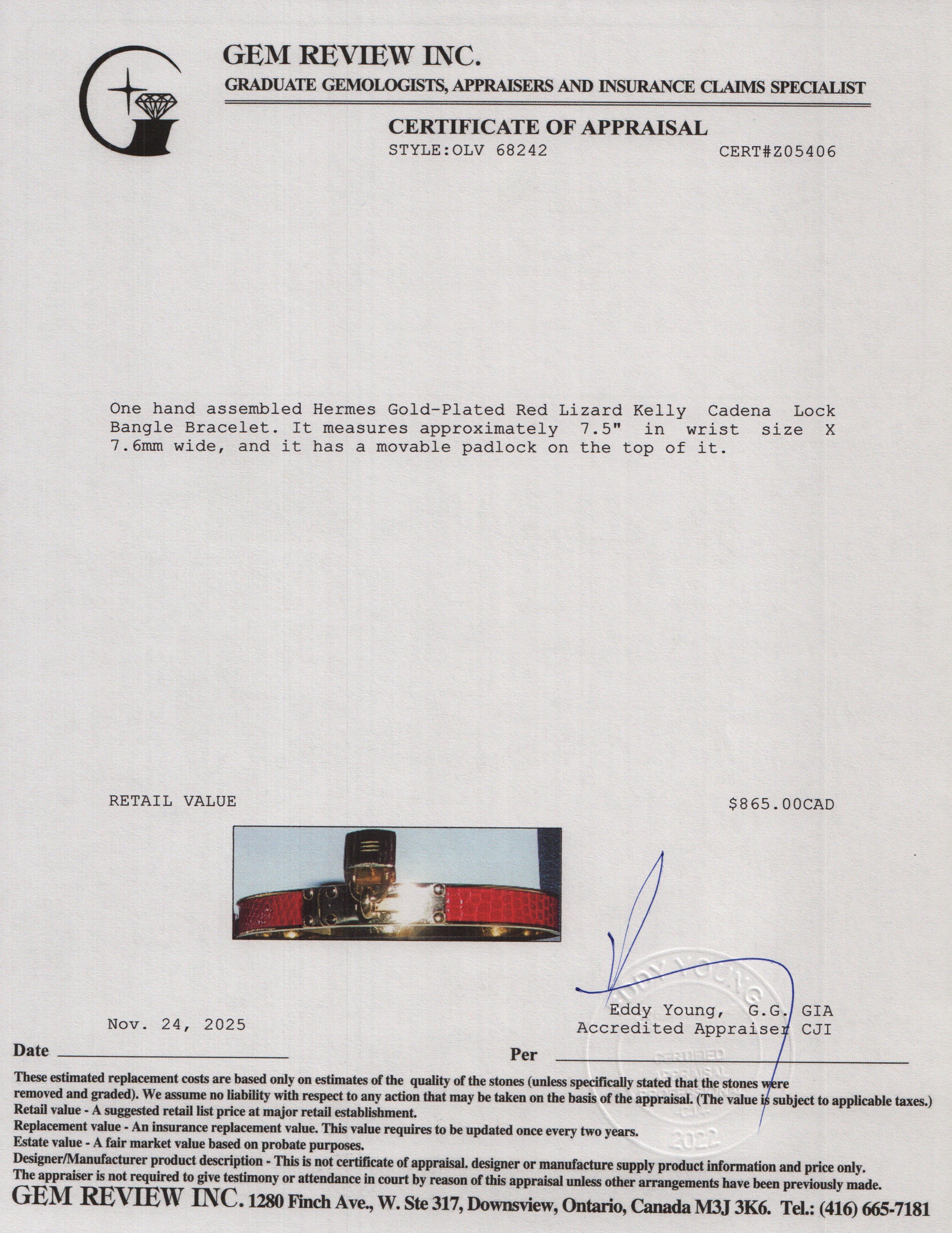 Hermes Gold-Plated Red Lizard Kelly Cadena Lock Bangle Bracelet