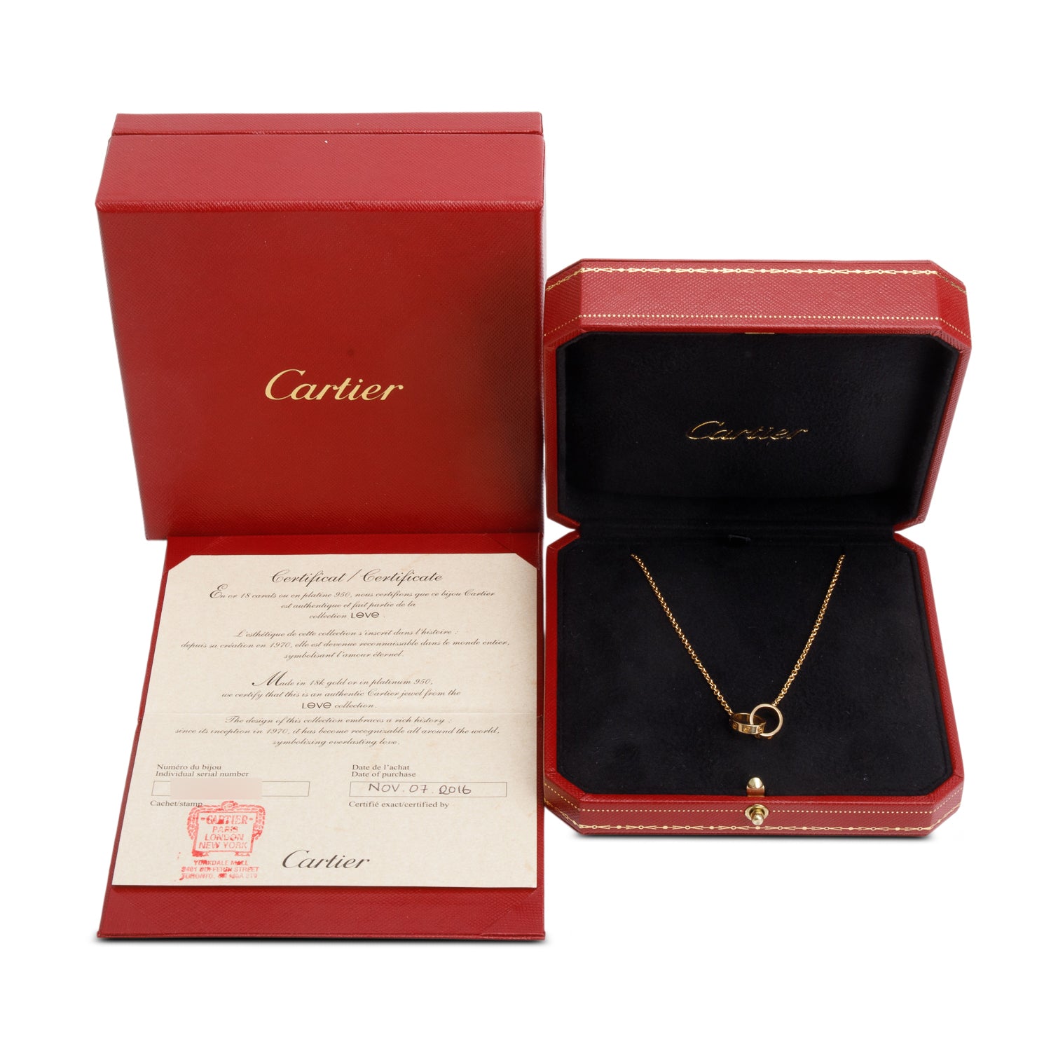 Cartier 18k Yellow Gold Love Necklace w/ Box & Certificate