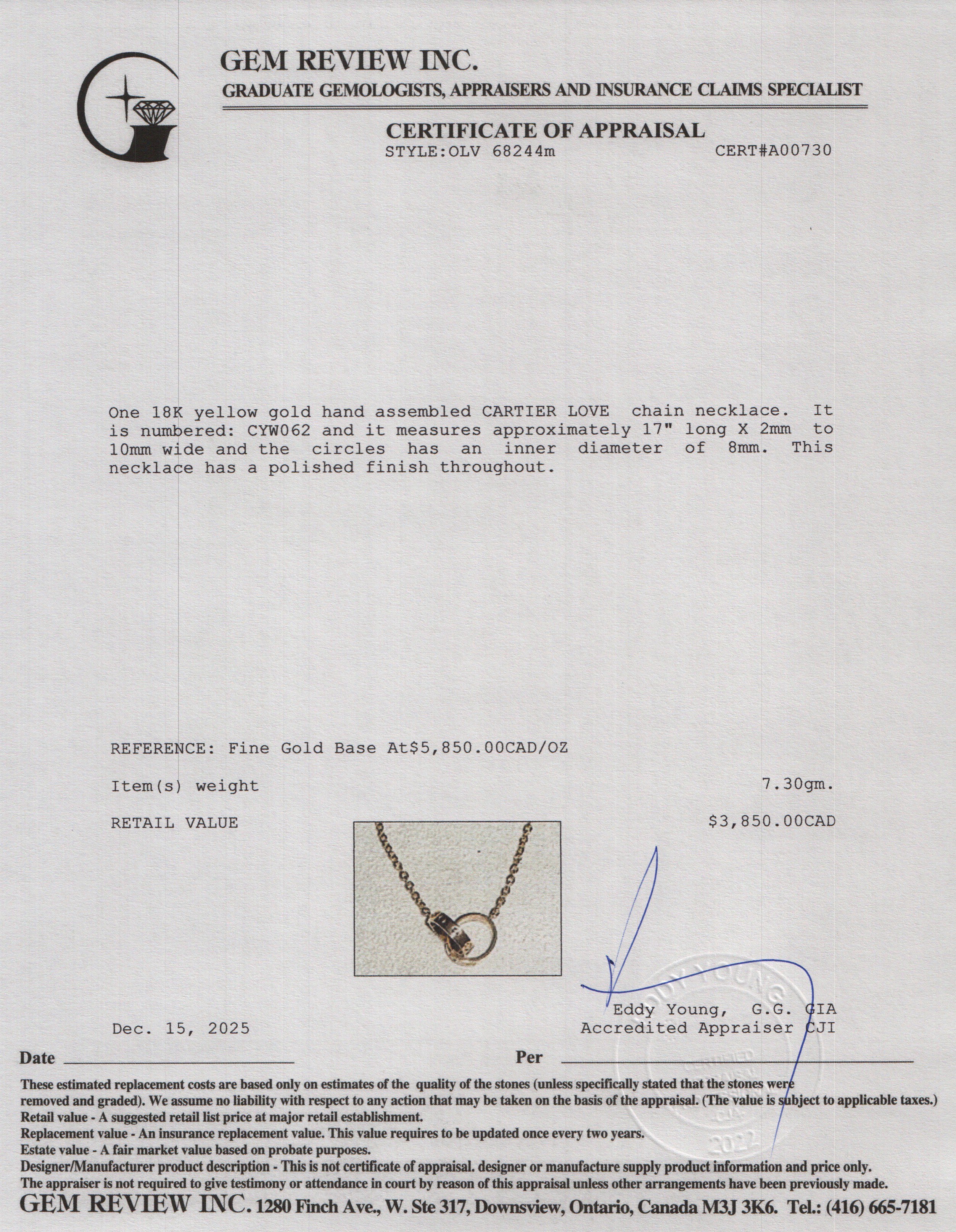 Cartier 18k Yellow Gold Love Necklace w/ Box & Certificate