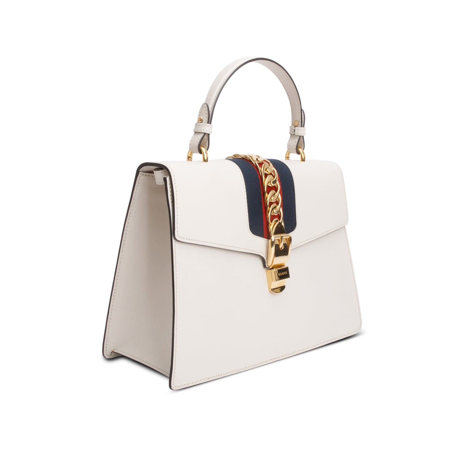 Gucci White Calfskin Leather Web Medium Sylvie Handle Bag w/ Strap