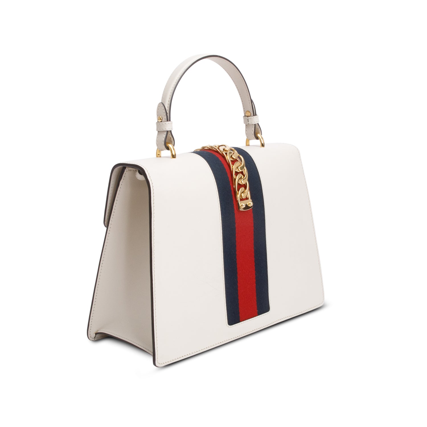 Gucci White Calfskin Leather Web Medium Sylvie Handle Bag w/ Strap