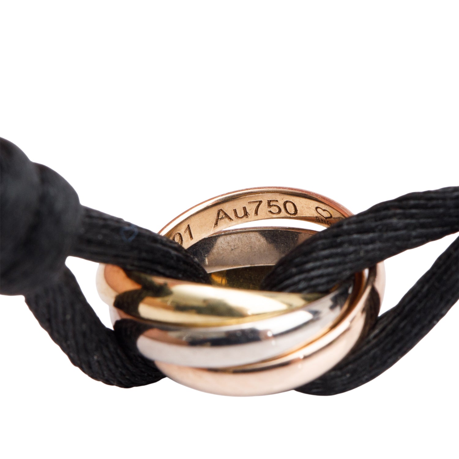 Cartier 18k White, Yellow & Rose Gold Trinity Black Cord Bracelet w/ Box