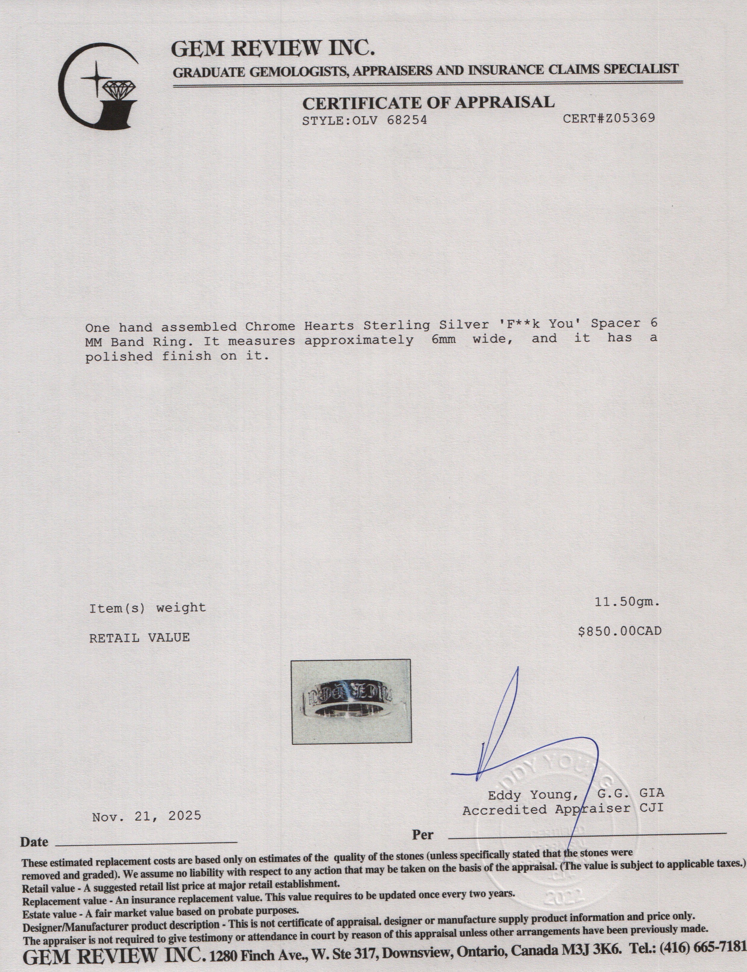 Chrome Hearts Sterling Silver 'F**k You' Spacer 6 MM Band Ring, Size 8