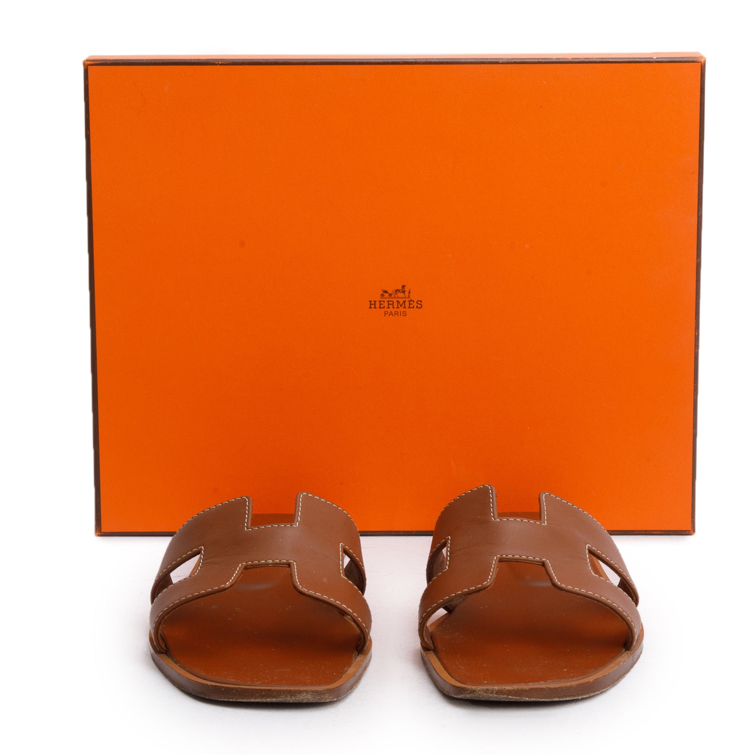 Hermes Gold Box Calfskin Oran Sandals, Size 38 w/ Box