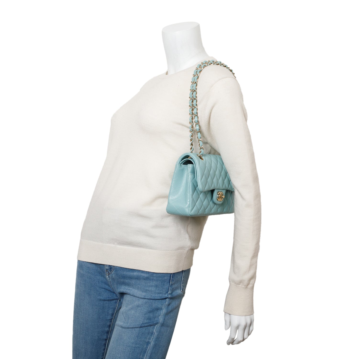 Chanel Teal Caviar Quilted Small Double Flap Bag w/ Authenticity Card