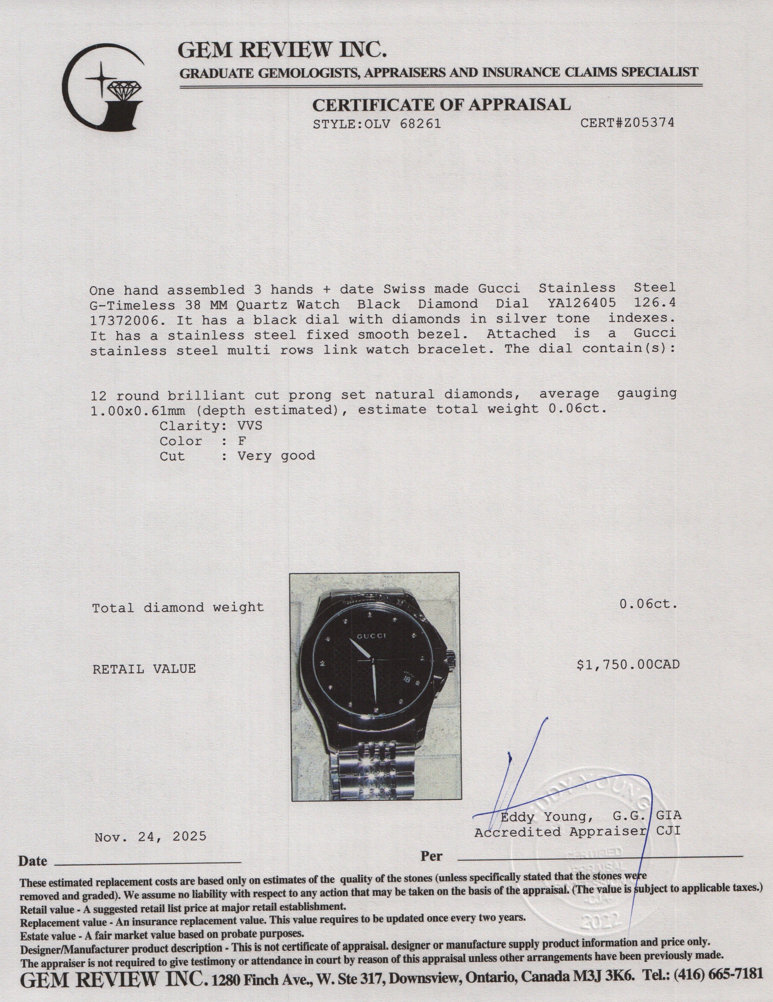 Gucci Stainless Steel G-Timeless 38 MM Quartz Watch Black Diamond Dial YA126405 w/ Box