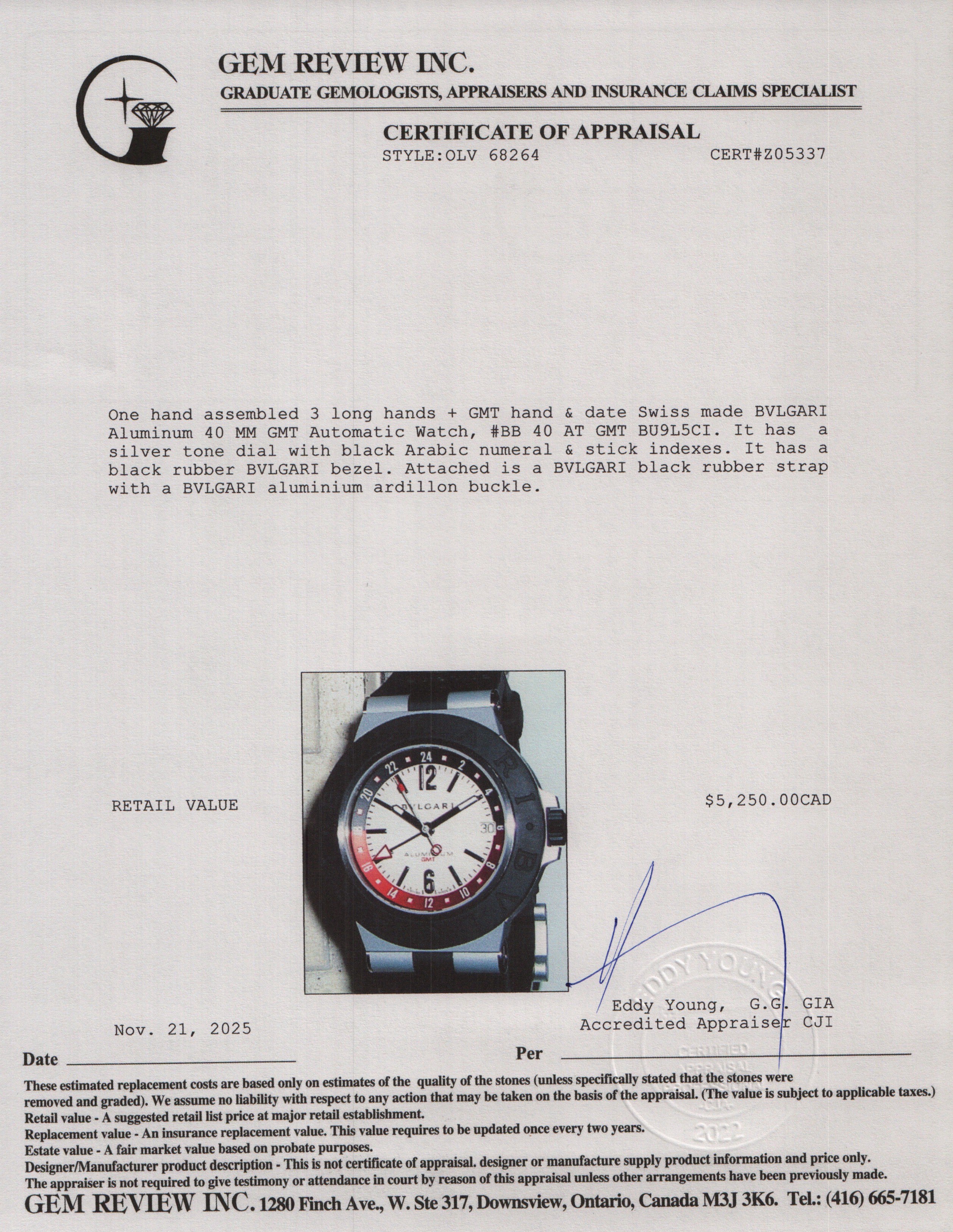 BVLGARI Aluminum 40 MM GMT Automatic Watch