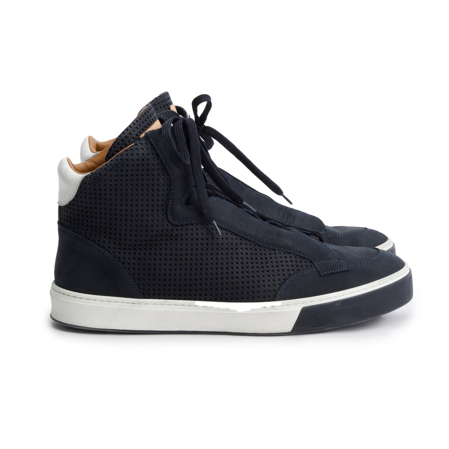 Louis Vuitton Navy Leather Speaker High Top Sneakers, Men's 8.5 w/ Box & Receipt