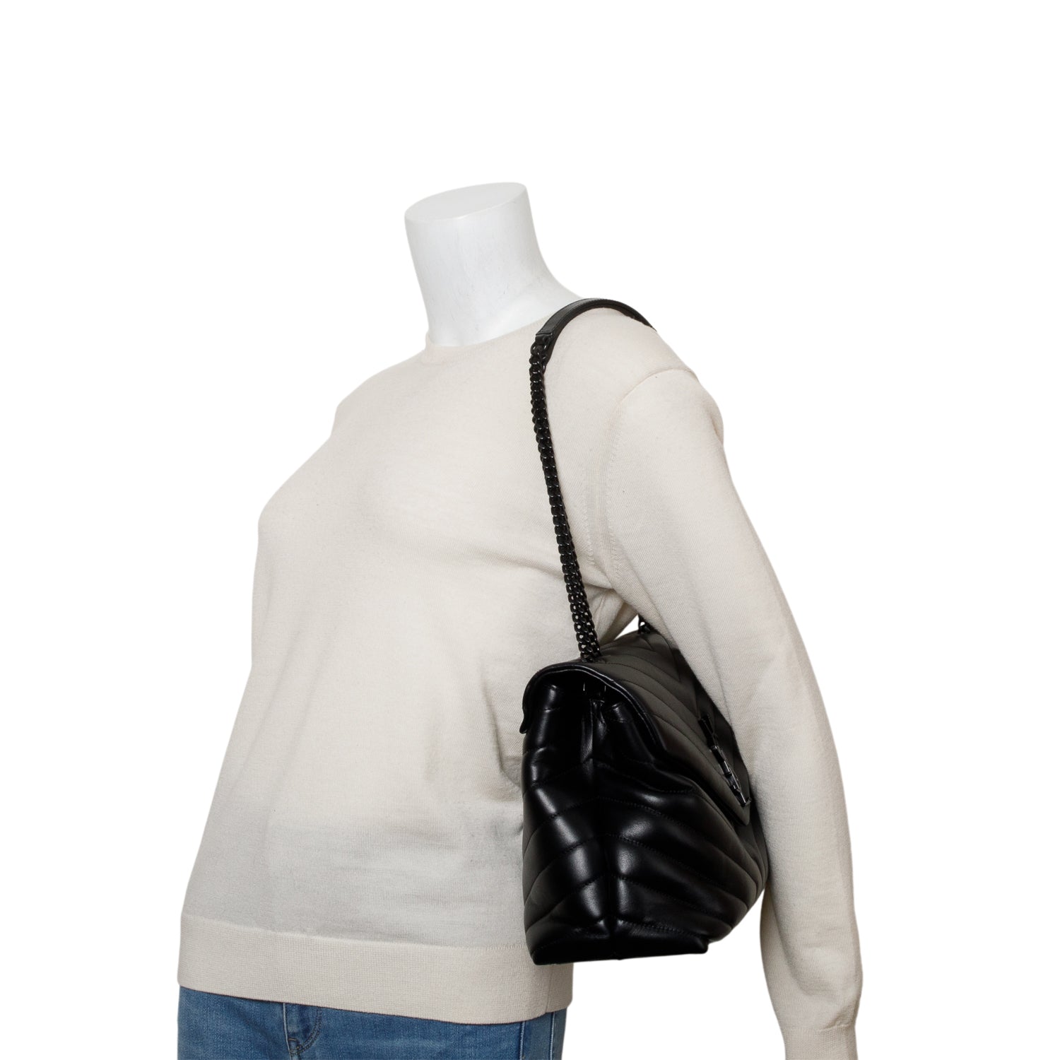 Saint Laurent 2022 Black Calfskin Y Quilted Monogram Monochrome Medium Loulou Chain Satchel w/ Receipt