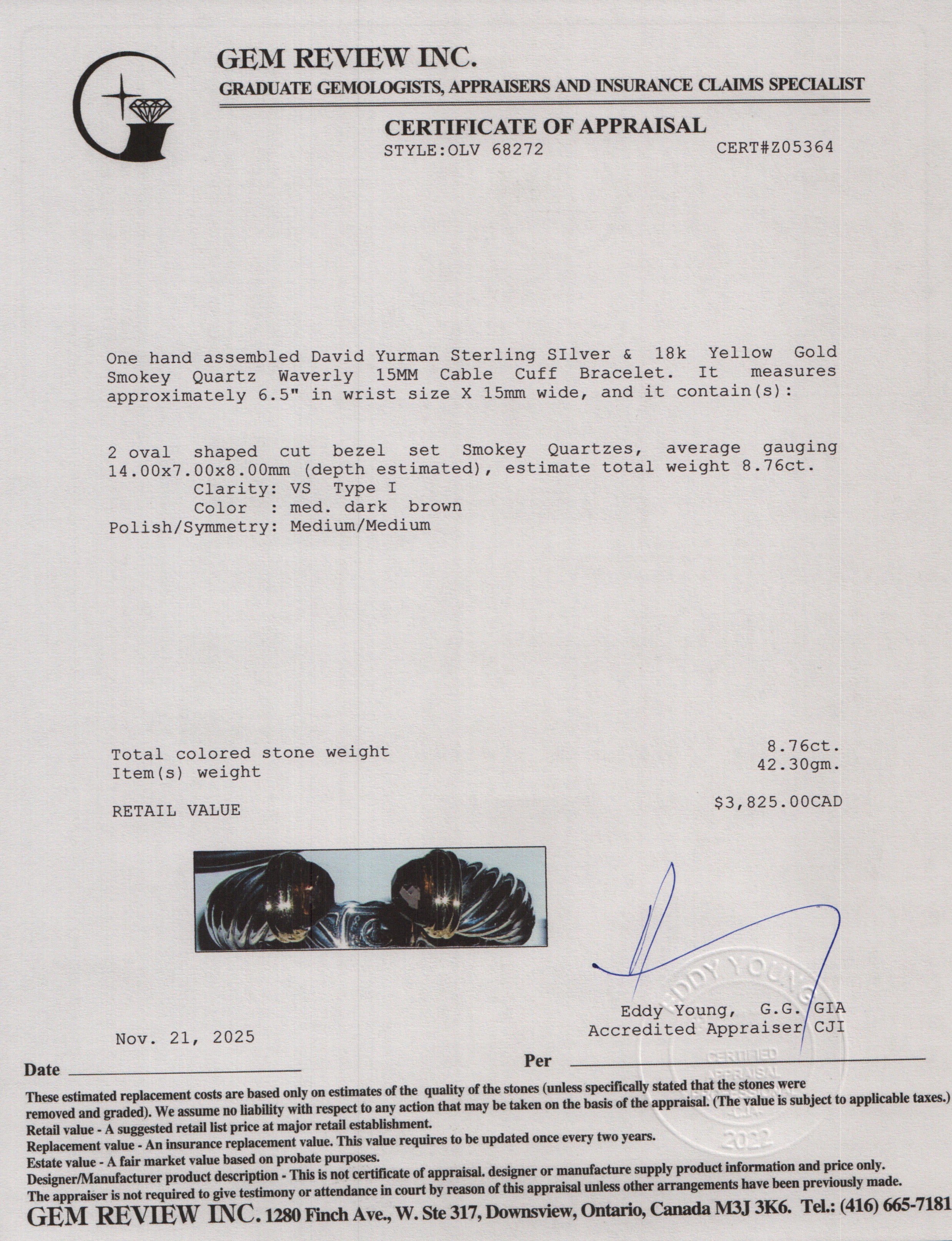 David Yurman Sterling SIlver & 18k Yellow Gold Smokey Quartz Waverly 15 MM Cable Cuff Bracelet