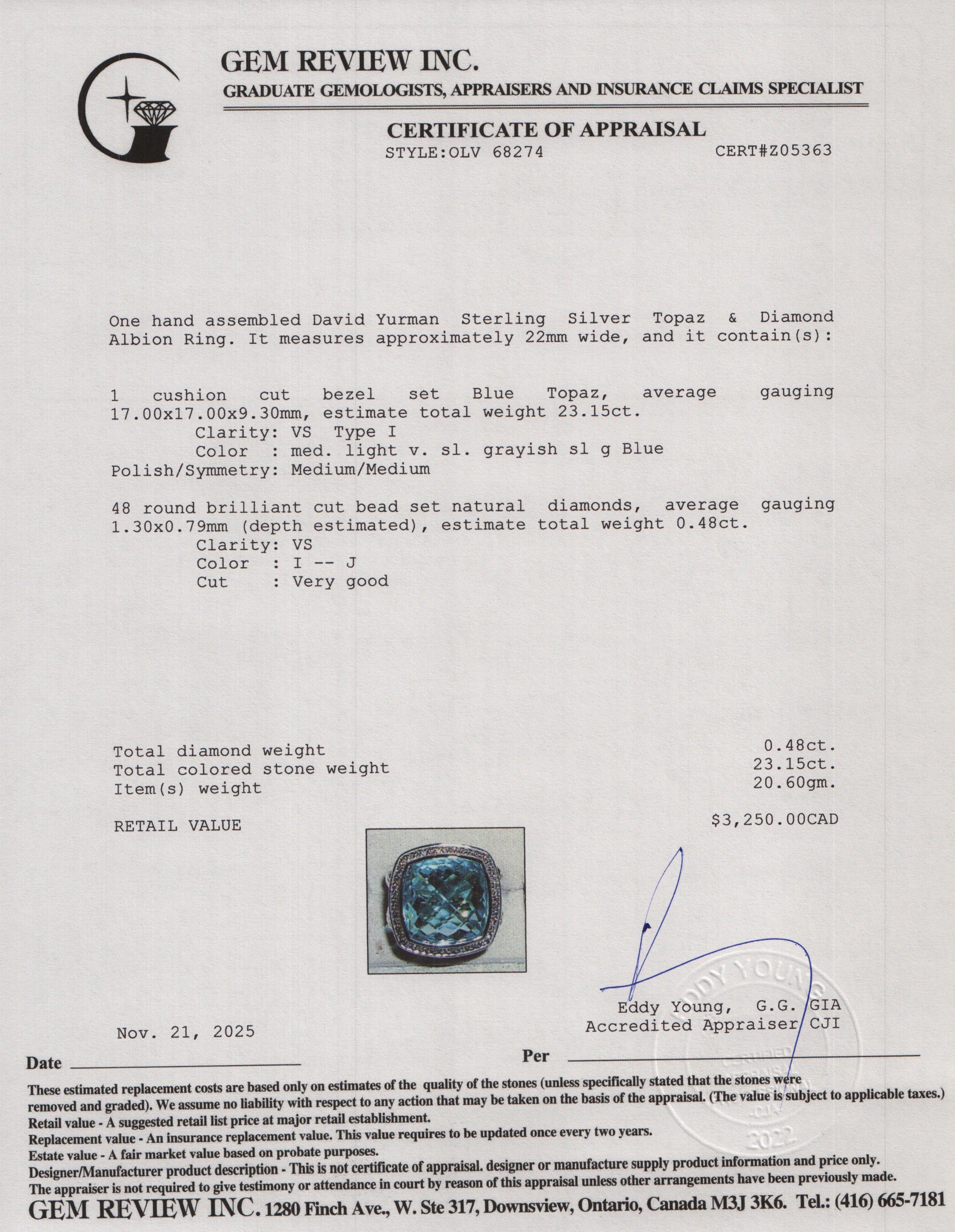 David Yurman Sterling Silver Topaz & Diamond 17 MM Albion Ring, Size 7