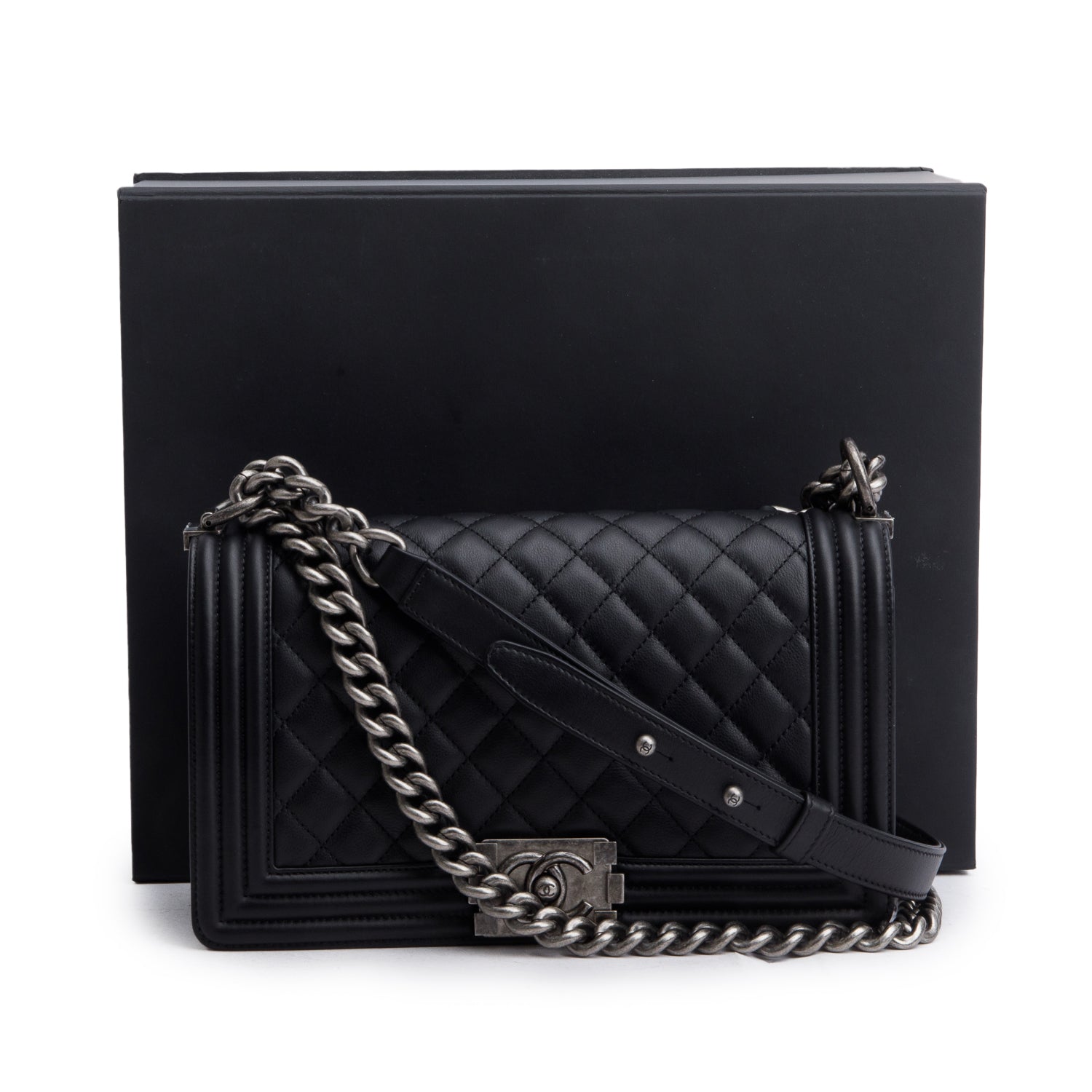 Chanel 2021 Black Quilted Lambskin Leather Medium Boy Bag w/ Box, Authenticity Card & Receipt