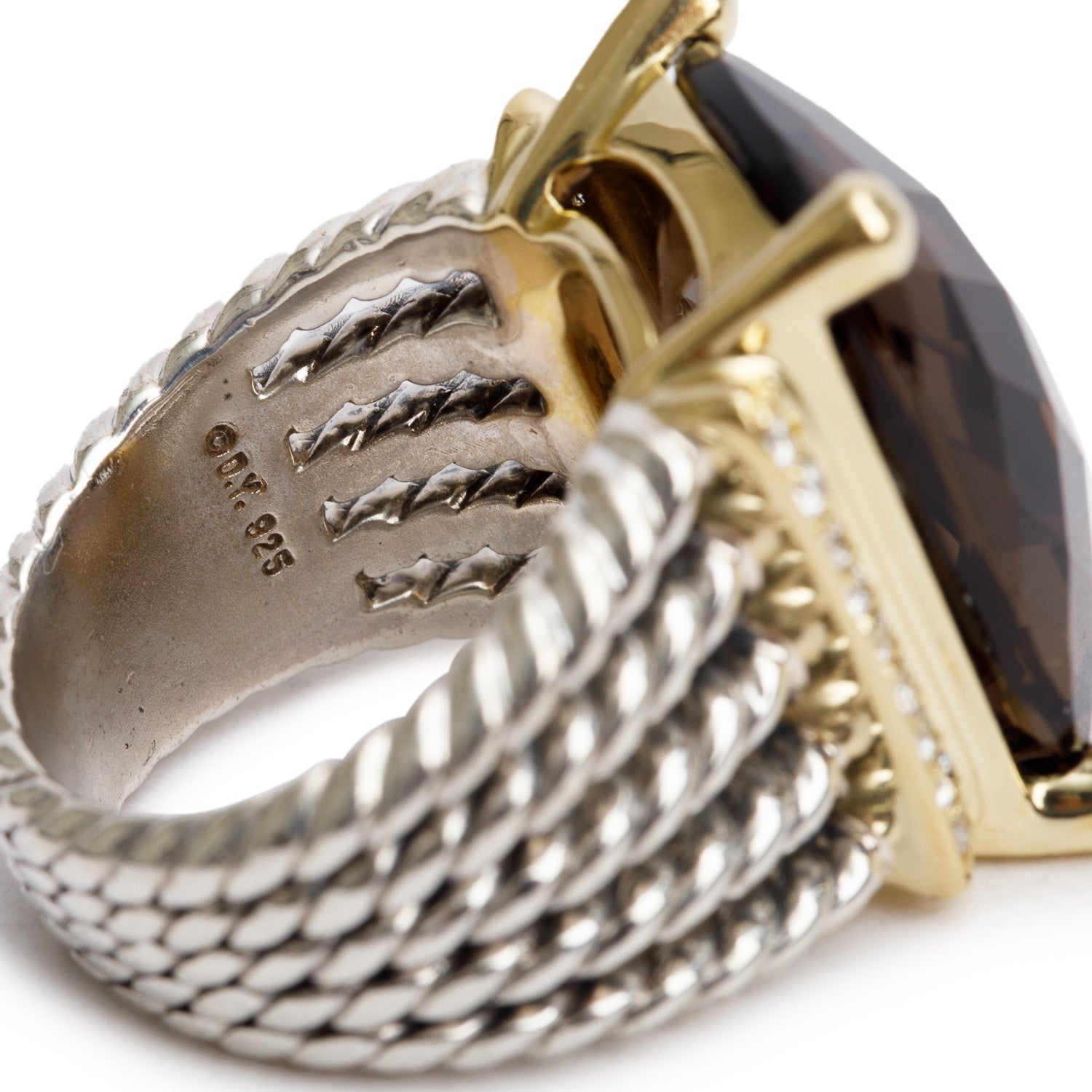 David Yurman Sterling Silver and 18k Yellow Gold Smokey Quartz & Diamond Wheaton Ring, Size 7