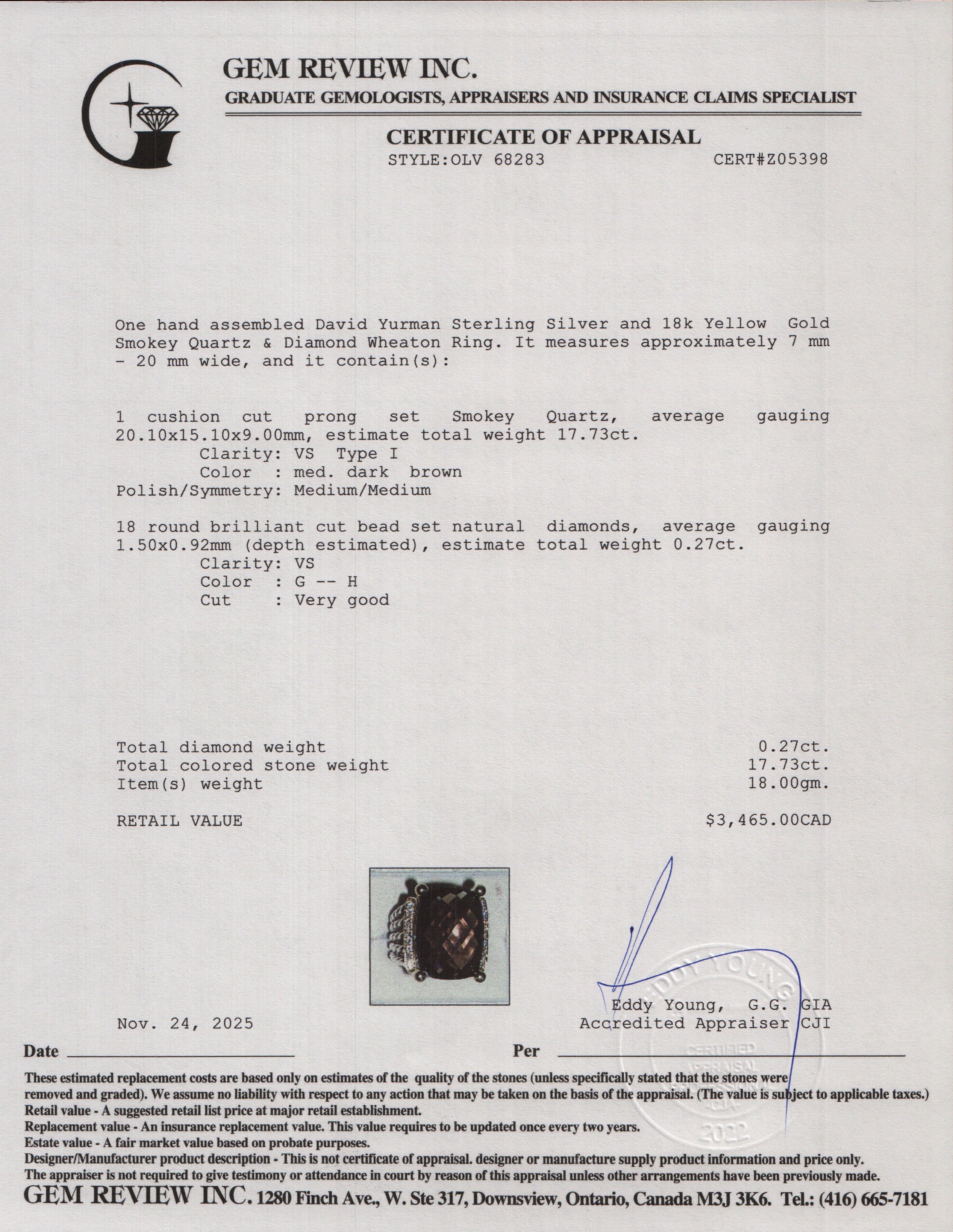 David Yurman Sterling Silver and 18k Yellow Gold Smokey Quartz & Diamond Wheaton Ring, Size 7