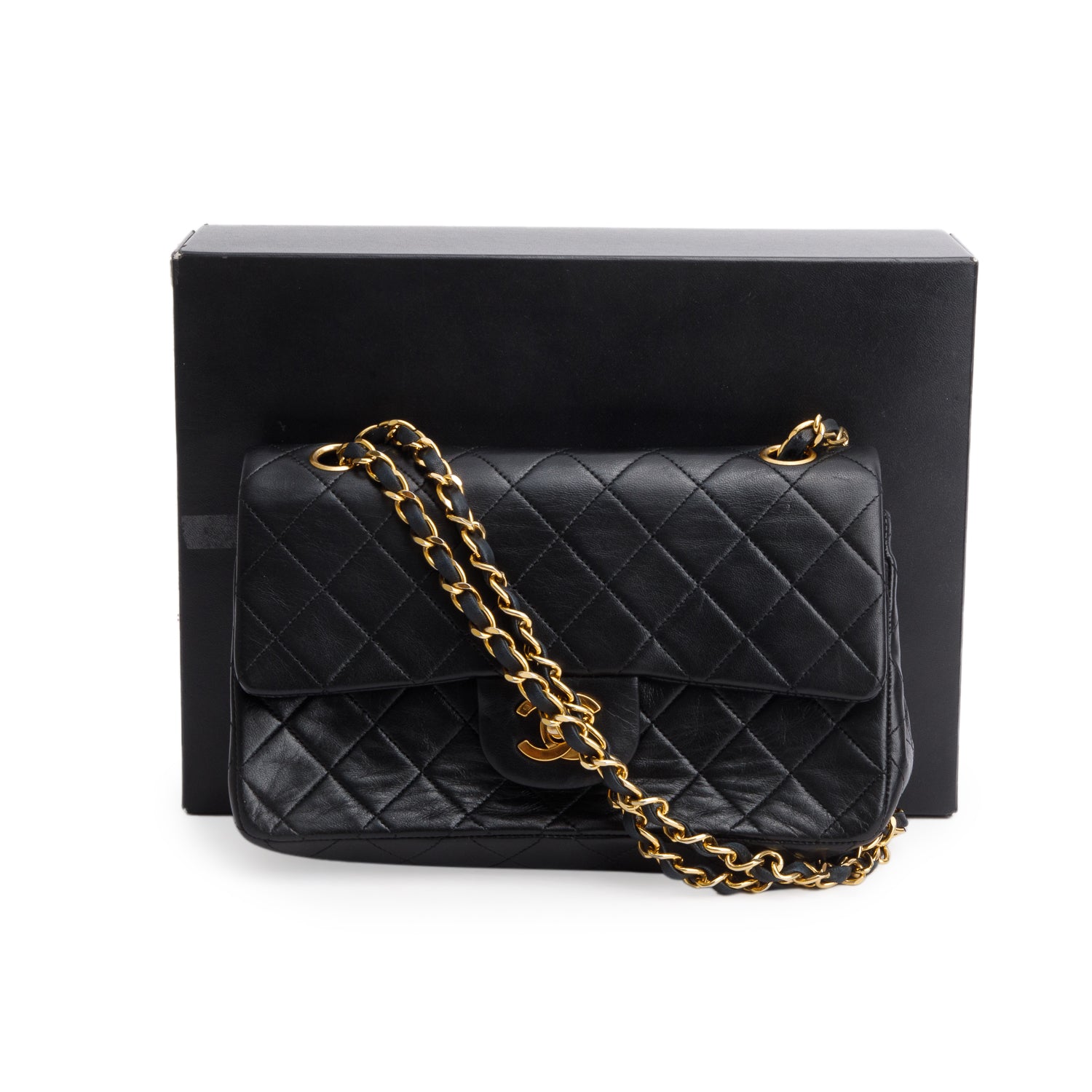 Chanel Vintage Black Lambskin Quilted Small Double Flap Bag w/ Box