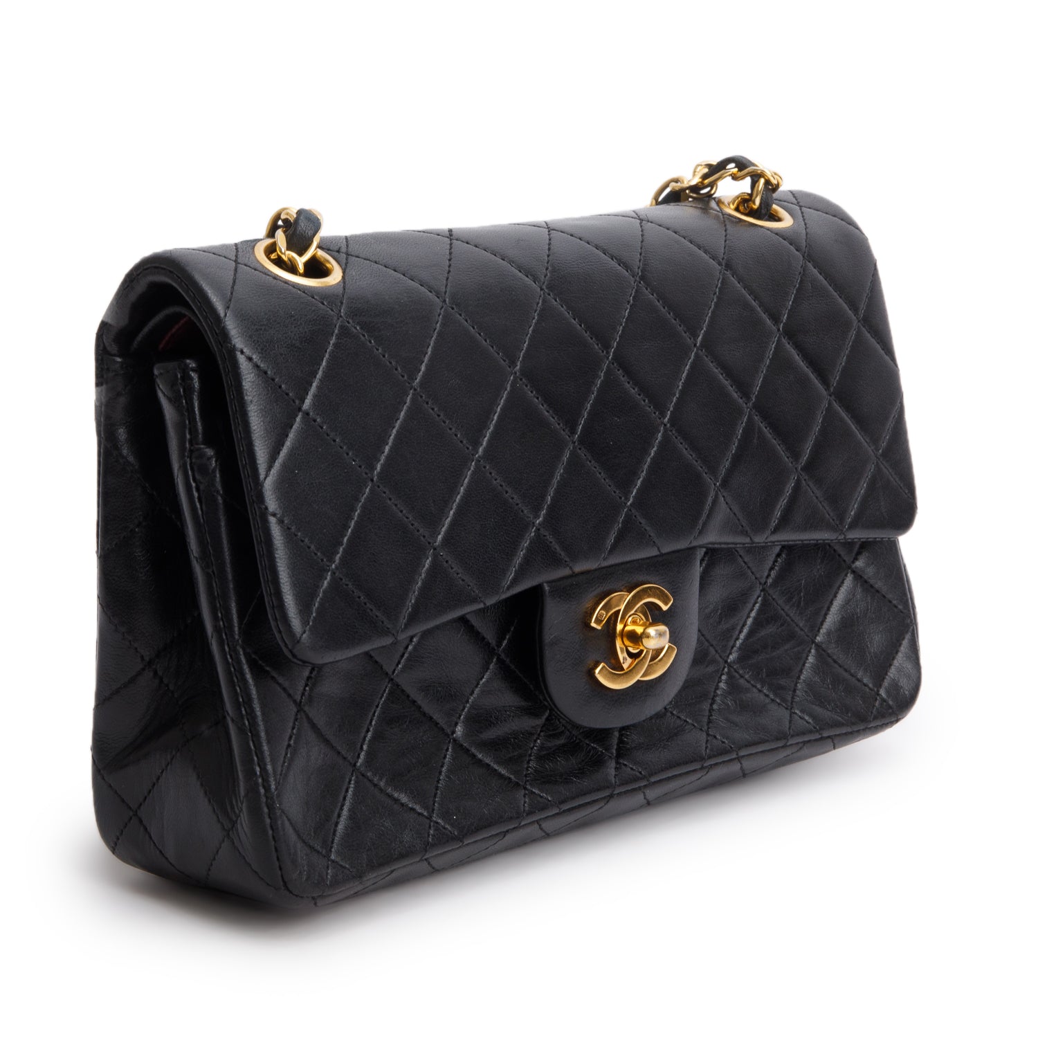 Chanel Vintage Black Lambskin Quilted Small Double Flap Bag w/ Box