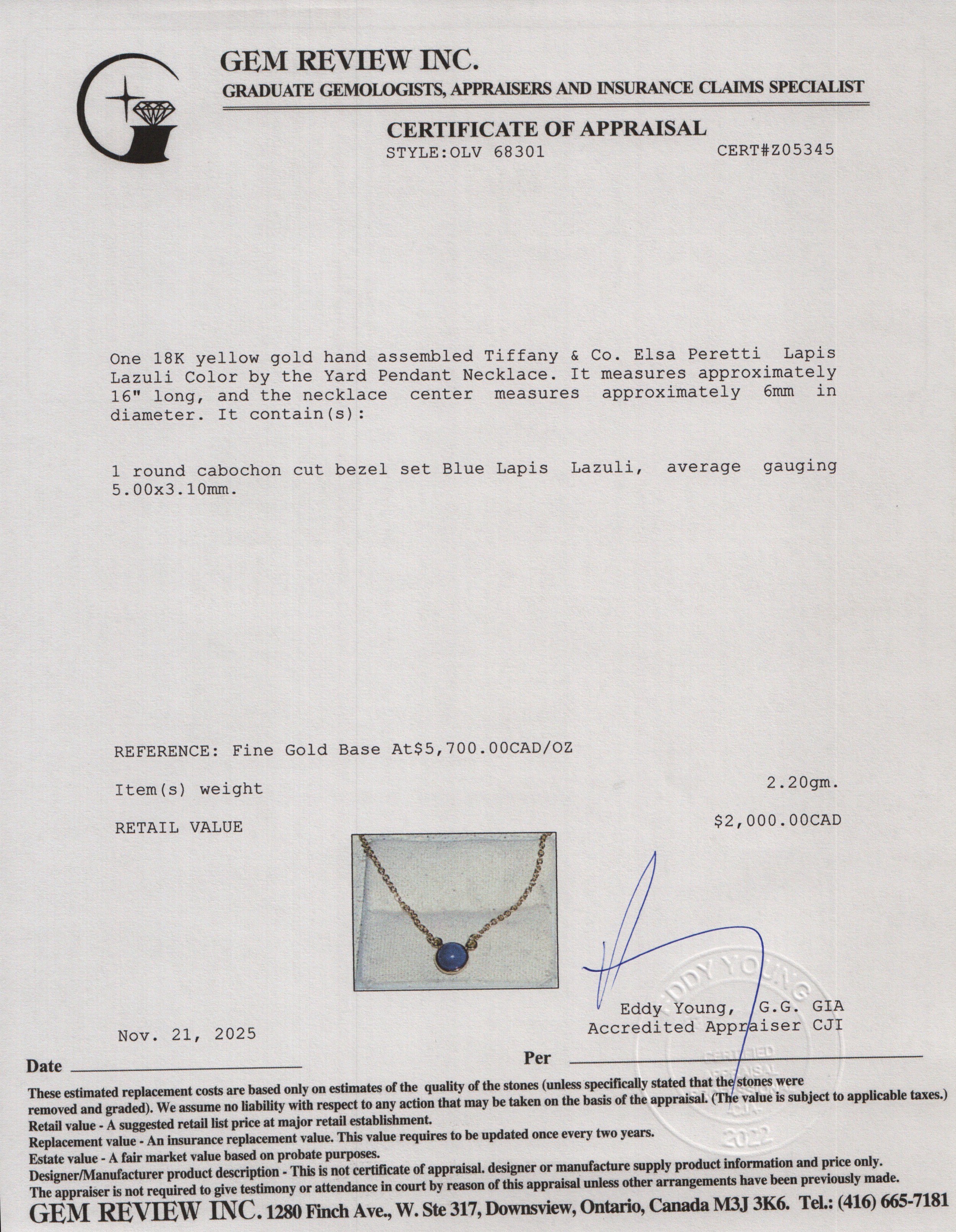 Tiffany & Co. Elsa Peretti 18k Yellow Gold Lapis Lazuli Color by the Yard Pendant Necklace w/ Box