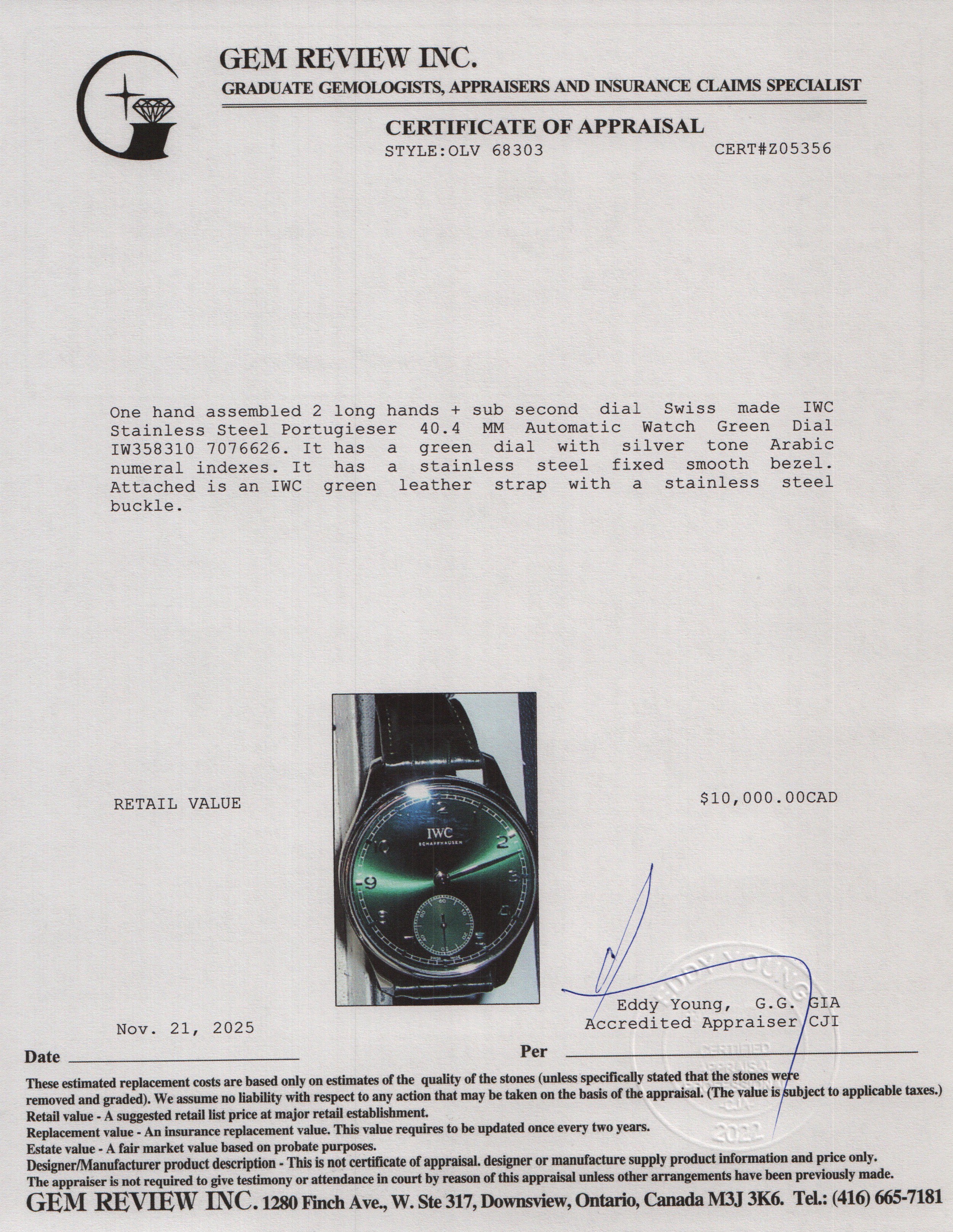 IWC Stainless Steel Portugieser 40.4 MM Automatic Watch Green Dial IW358310