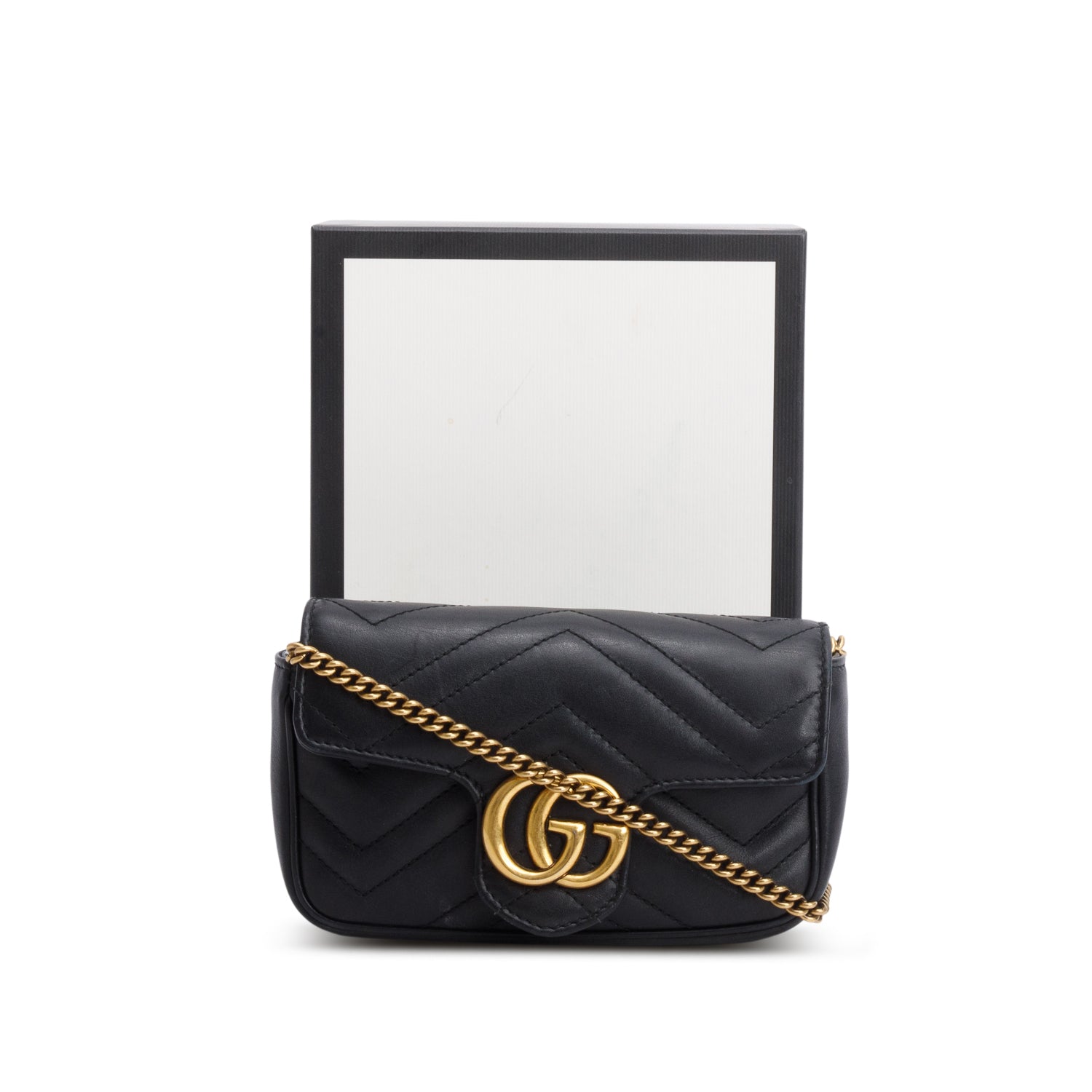 Gucci Black GG Marmont Matelasse Leather Super Mini Bag w/ Box