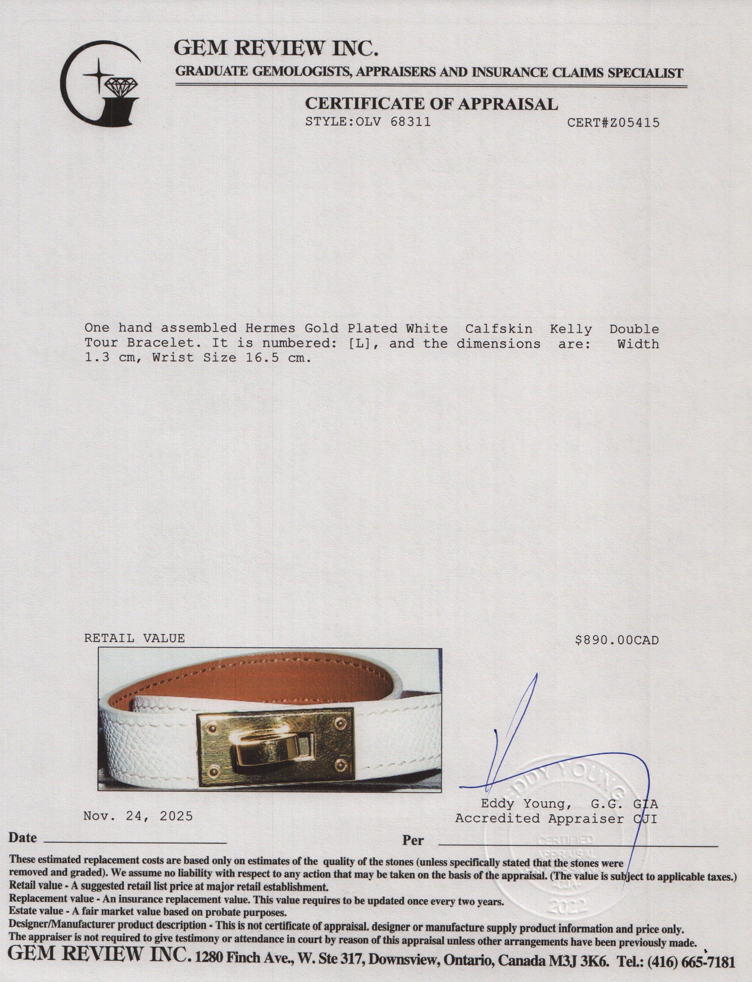 Hermes Gold Plated White Calfskin Kelly Double Tour Bracelet