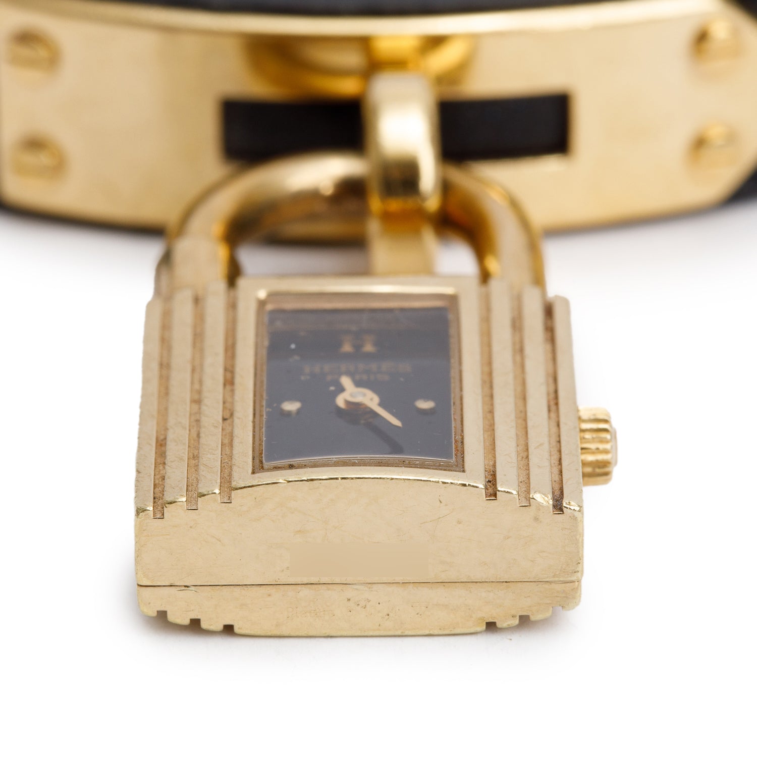 Hermes Gold Plated Stainless Steel Black Leather Kelly Lock Watch