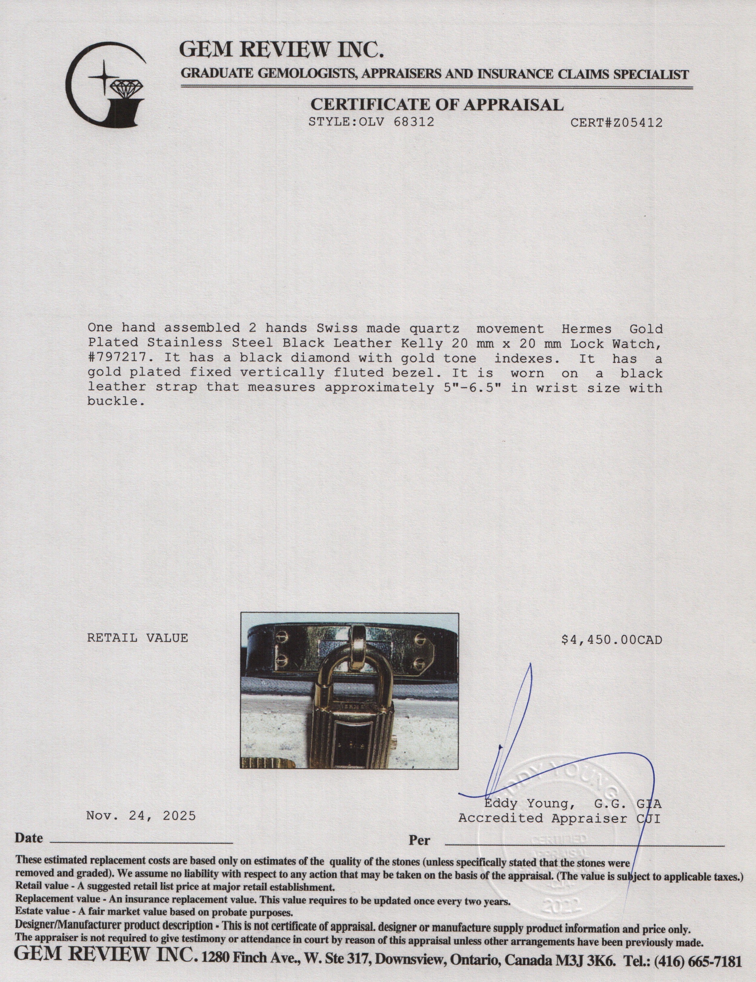 Hermes Gold Plated Stainless Steel Black Leather Kelly Lock Watch