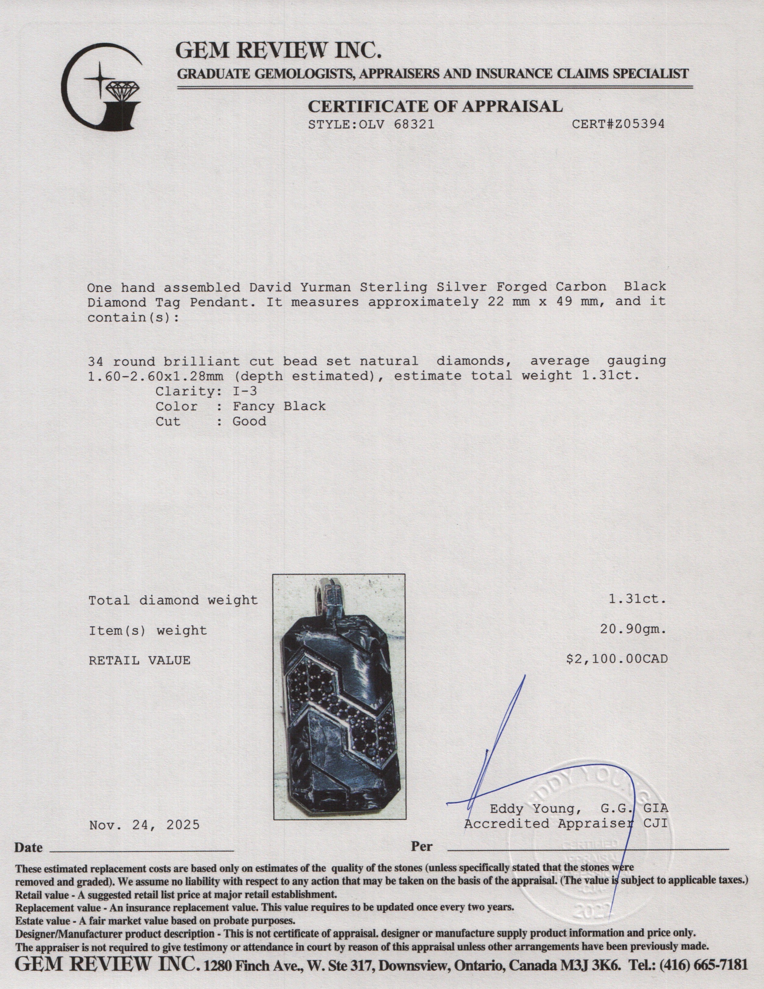 David Yurman Sterling Silver Forged Carbon Black Diamond Tag Pendant