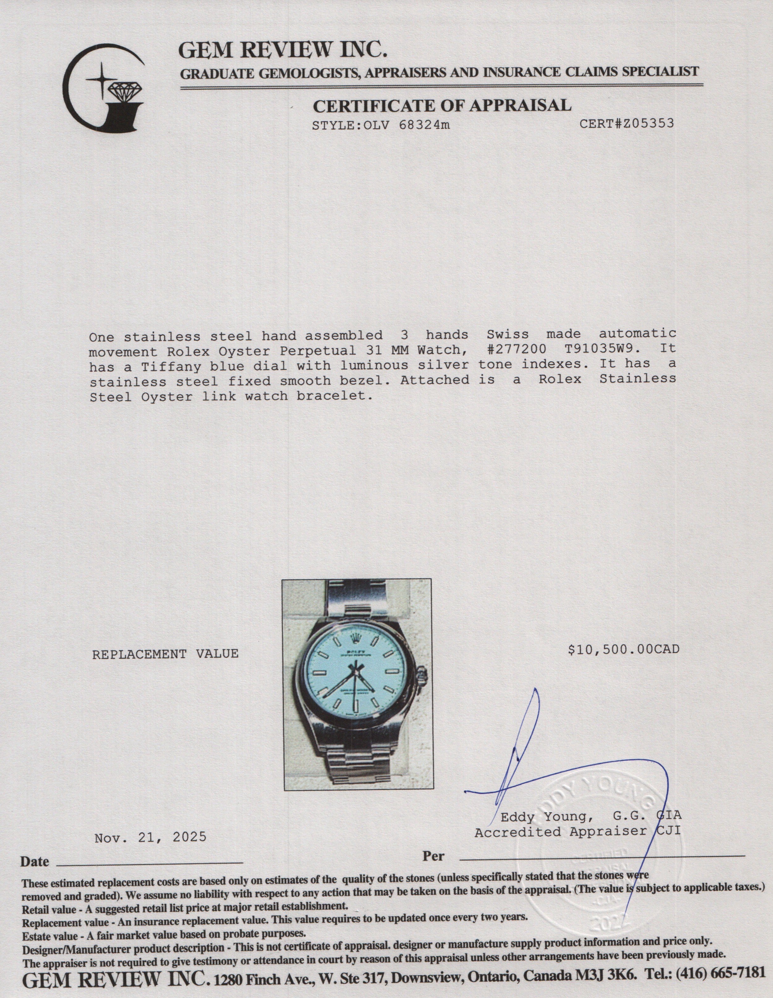 Rolex 2022 Stainless Steel Oyster Perpetual 31 MM Watch Tiffany Blue Dial 277200 w/ Box & Papers