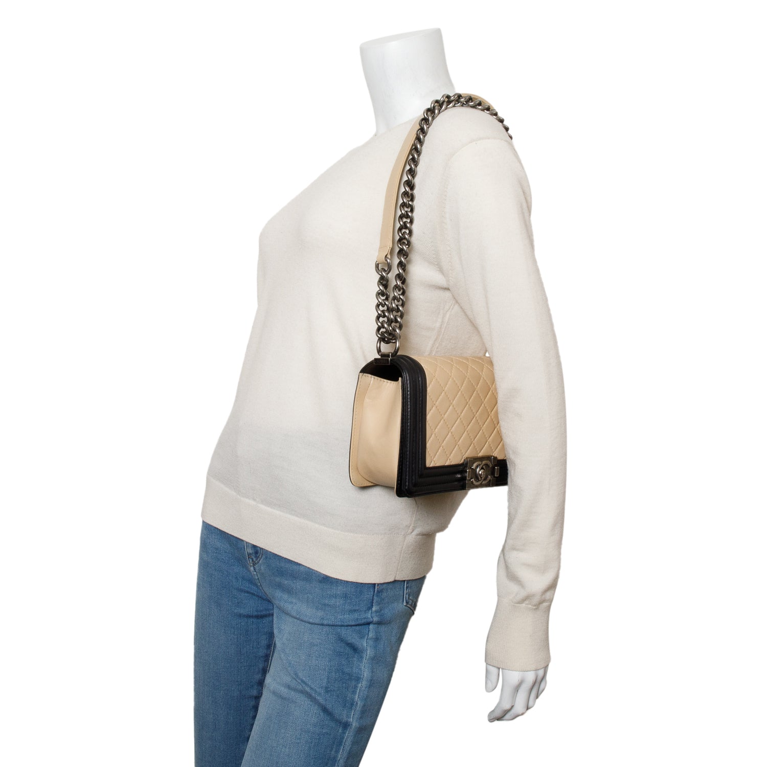 Chanel Beige/Black Quilted Lambskin Leather Medium Boy Bag w/ Authenticity Card