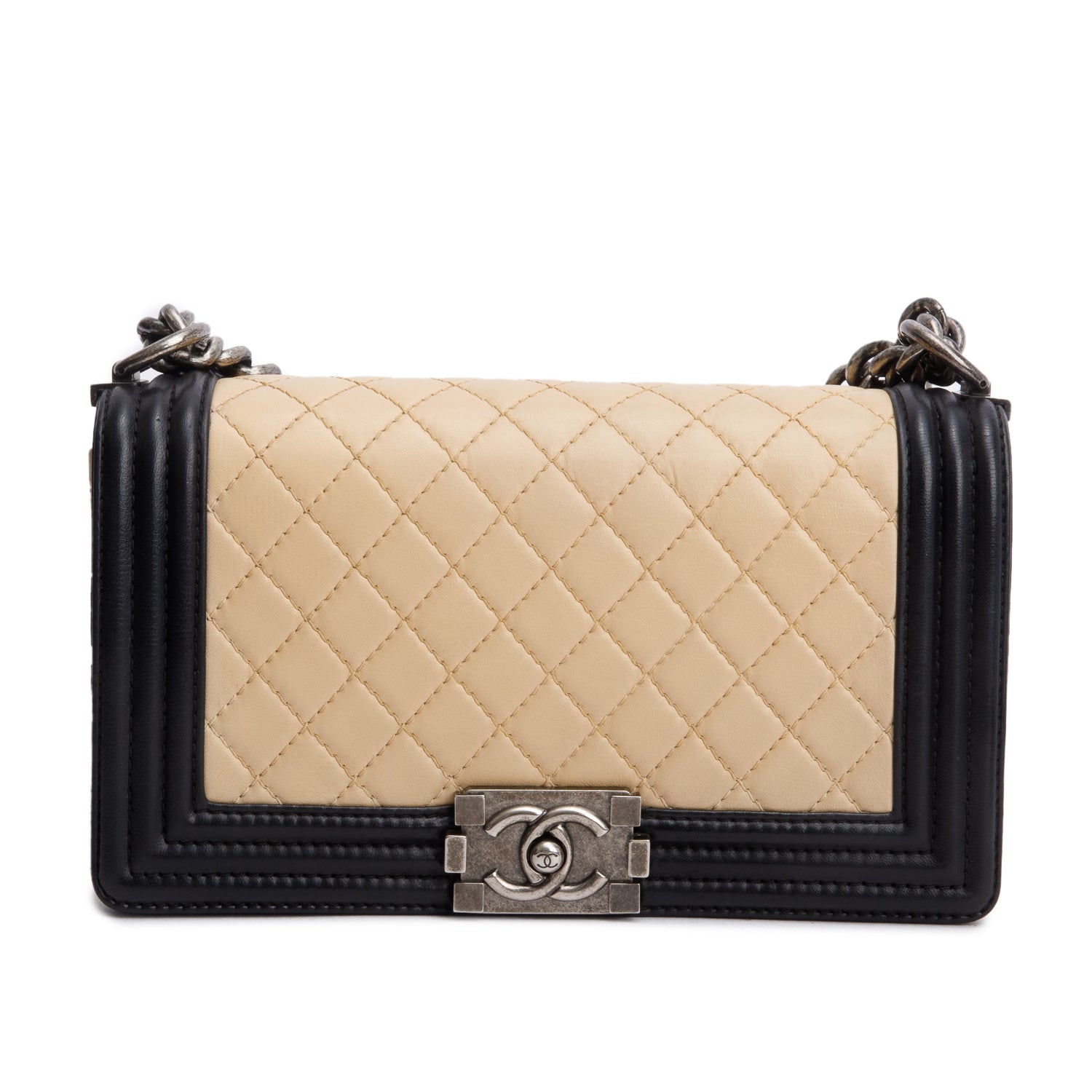 Chanel Beige/Black Quilted Lambskin Leather Medium Boy Bag w/ Authenticity Card