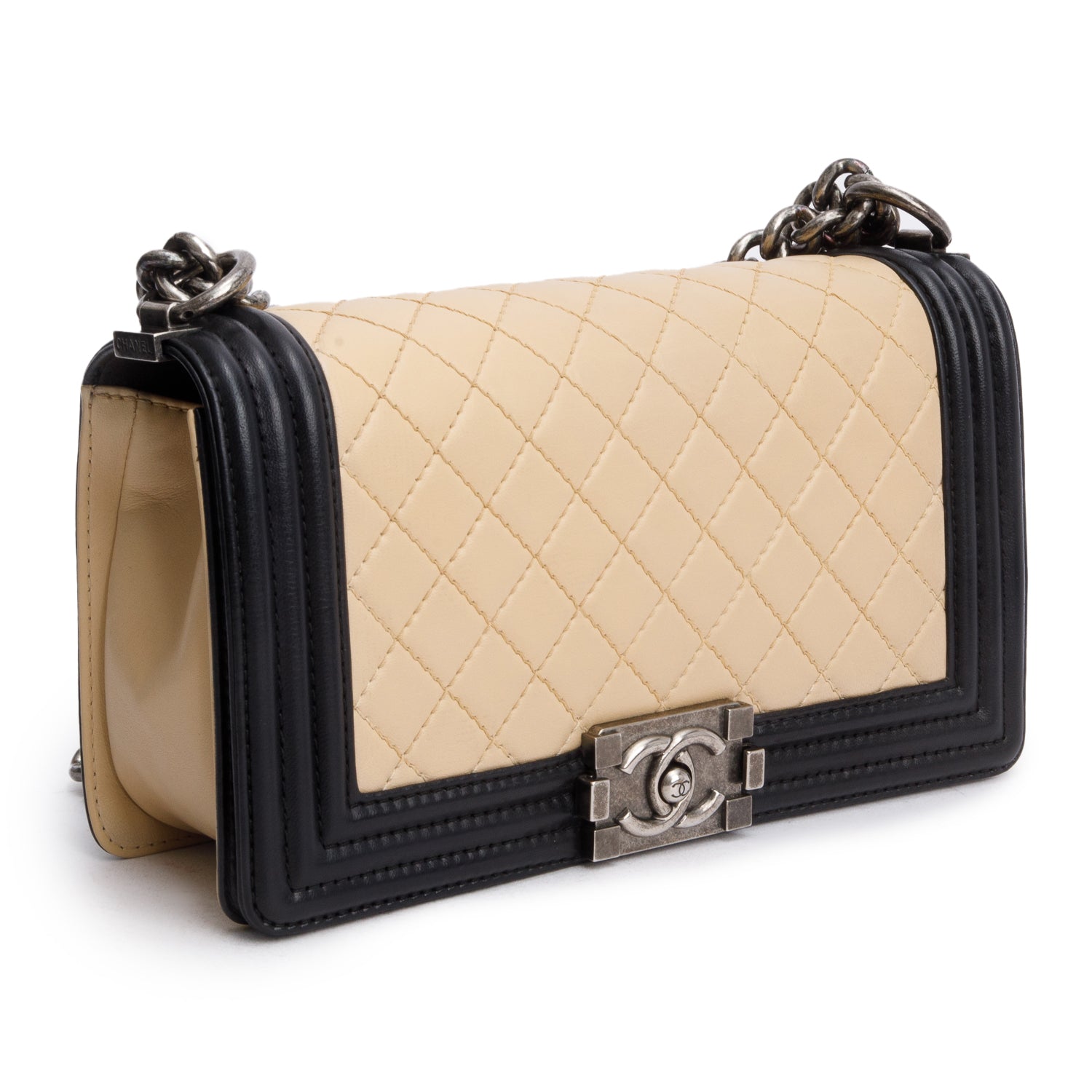 Chanel Beige/Black Quilted Lambskin Leather Medium Boy Bag w/ Authenticity Card